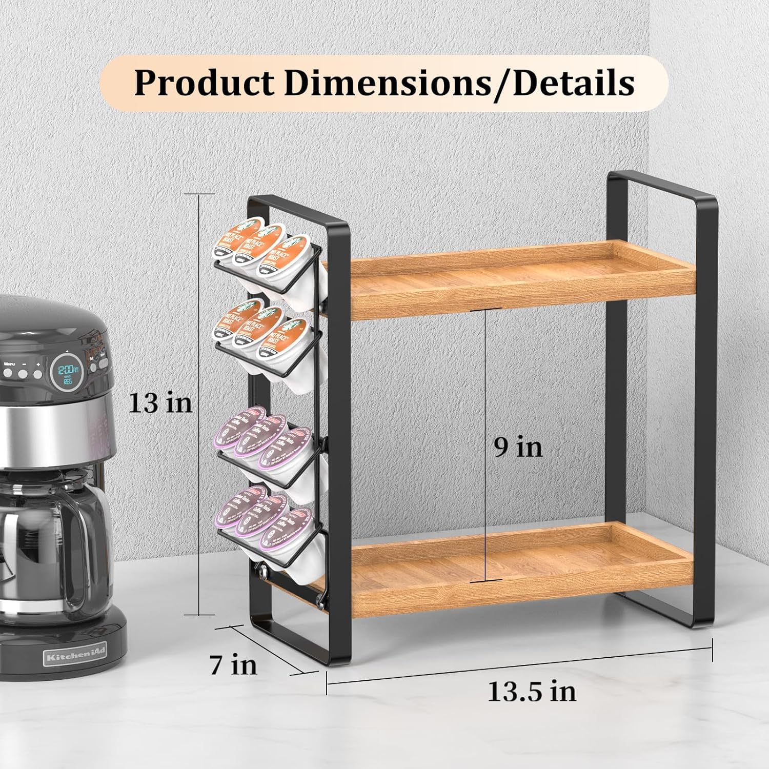 LEMIKKLE Coffee Station Organizer with Pod Holder and Drawer, Kitchen Countertop Organizer, Coffee Bar Accessories Station with Coffee Pod Storage, 2-Tier Wood Coffee Organizer With 6 Hooks