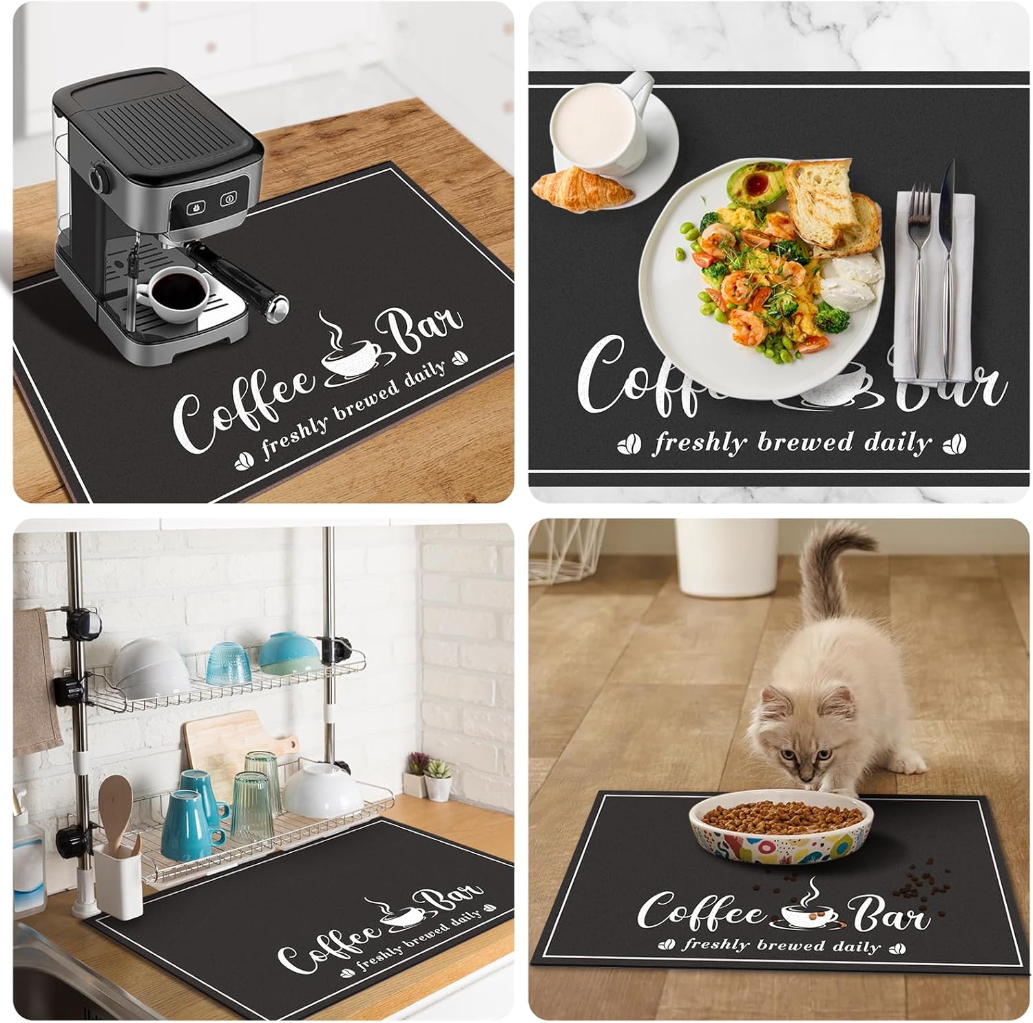 Absorbent Coffee Mat, Fashion Dish Drying Mat for Kitchen Counter Coffee Bar Accessories Espresso Machine Dish Rack 12" x 20" Black