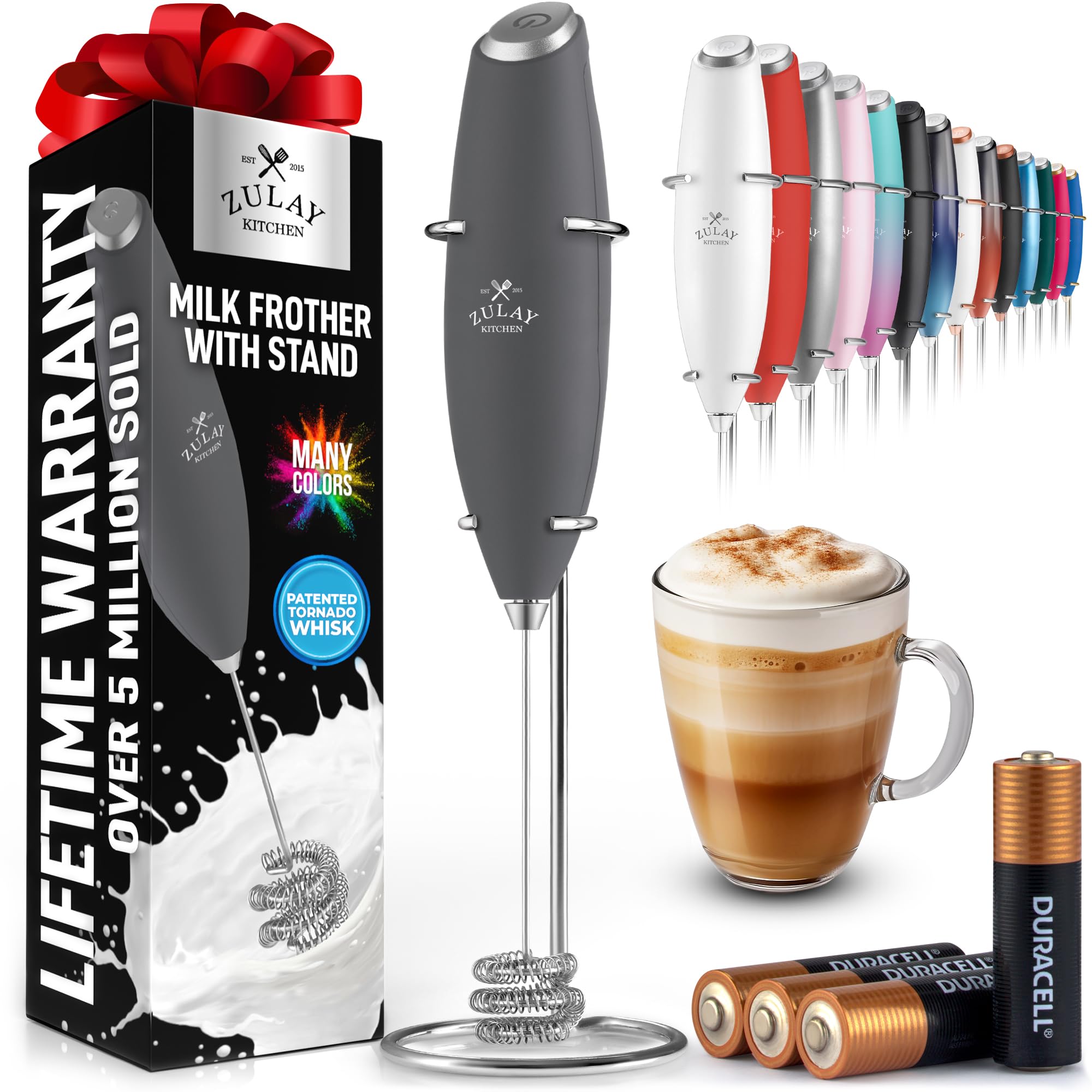 Zulay Kitchen Rechargeable Milk Frother Handheld - Frother Wand, Drink Mixer, Electric Whisk Frother, for Cappuccinos, Matcha & Protein Powder - Lux 4 Whisk 2 Speed Waterproof 2000mAh Alpha Black