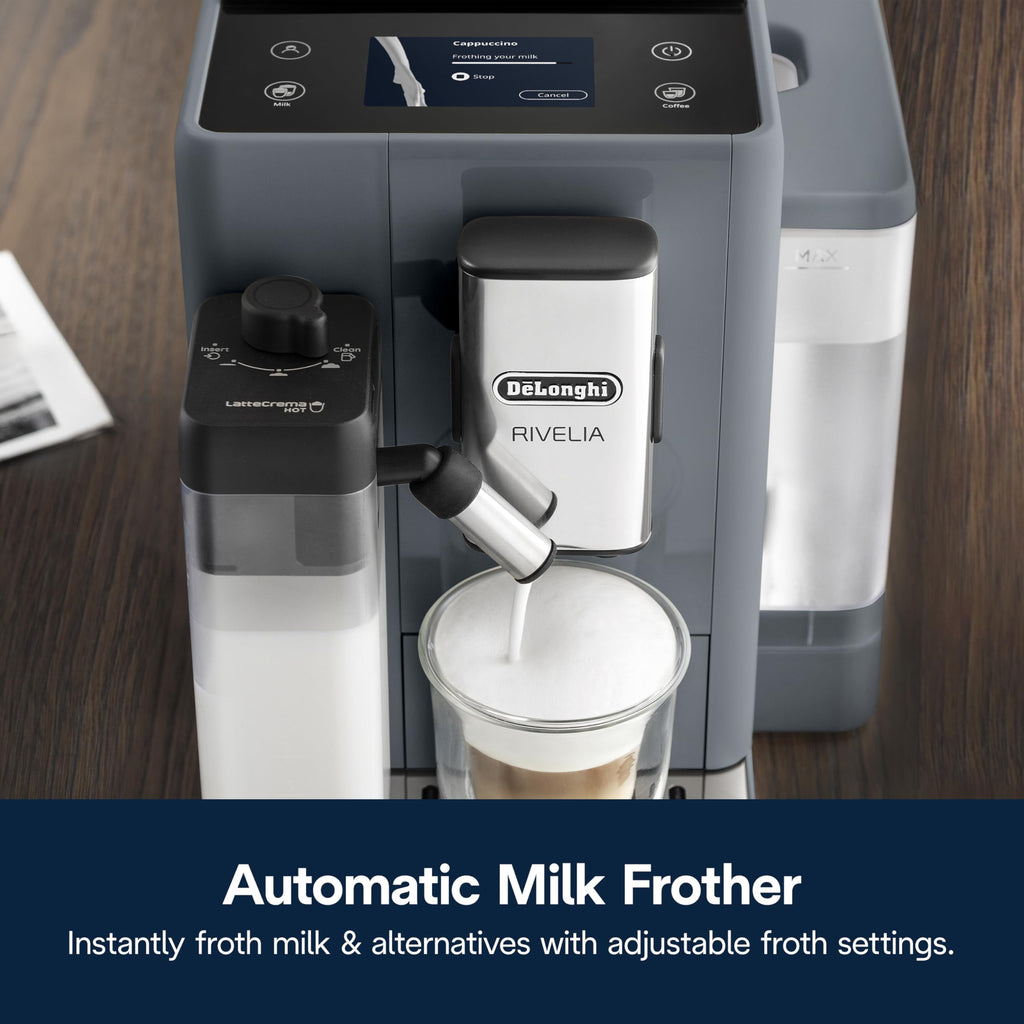 De'Longhi Rivelia Automatic Espresso Machine with Grinder & Milk Frother – All-in-One Coffee Maker, Hot & Iced Latte, Cappuccino, Bean Switch System, Burr Grinder, Compact Italian Design, Black