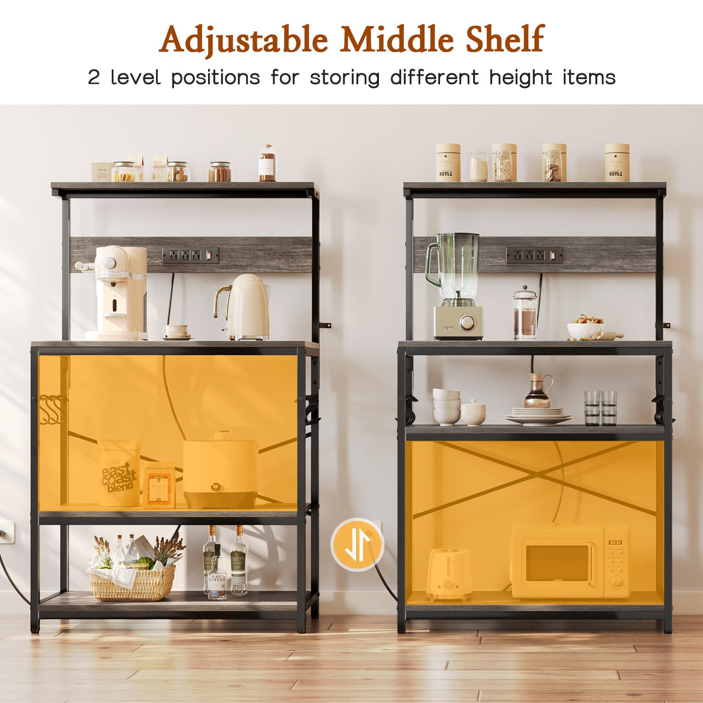 SUPERJARE Kitchen Bakers Rack with Power Outlet, Coffee Bar Table 4 Tiers, Kitchen Microwave Stand with 6 S-shaped Hooks, Storage Shelf Rack for Spices, Pots and Pans - Rustic Brown