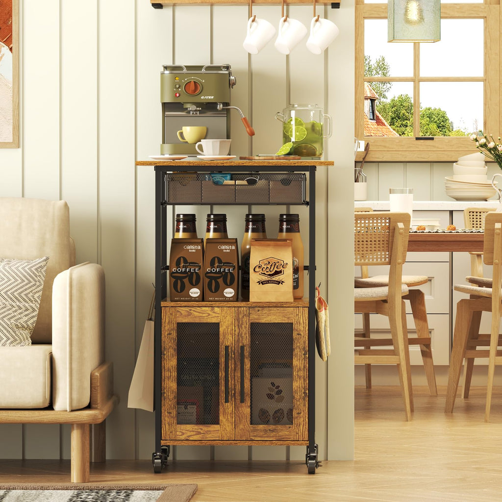 Hencawima Coffee Bar Cabinet, 3 Tier Coffee Station Table on Wheels, 35.9" H Bar Cart with Wire Basket Drawer & 5 Hooks for Home Kitchen, Liquor Buffet Sideboard Cabinet (Rustic Brown)