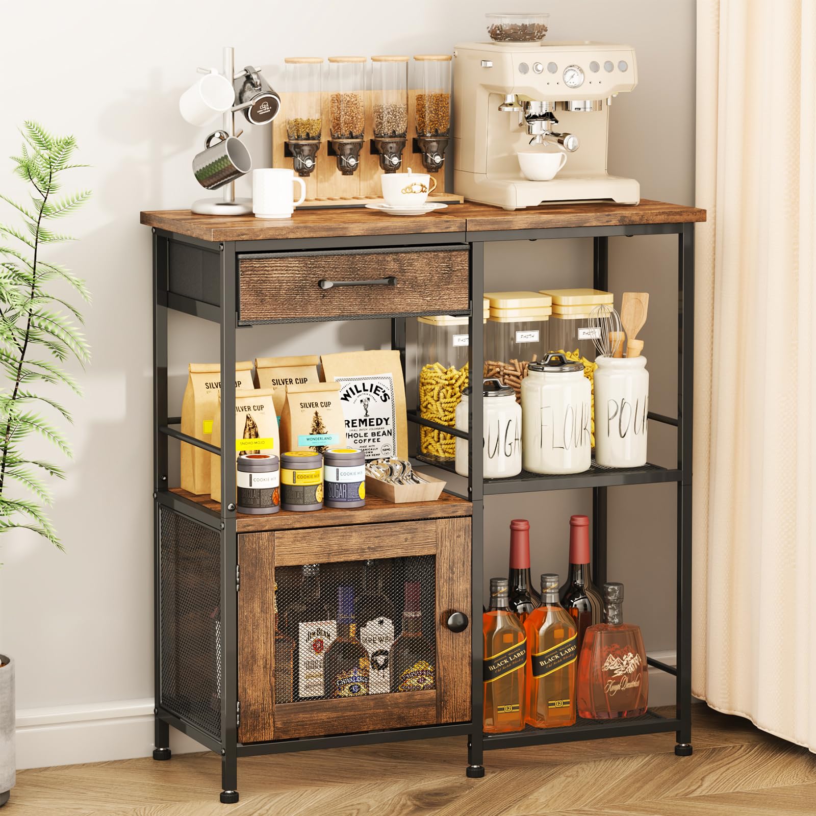 SWTYMIKI Coffee Bar Cabinet for Home - Farmhouse Coffee Stand Station Multi-Purpose Buffet Sideboard Cabinet with Drawers - Kitchen Bar Table for Living Room, Corner, Small Space, Espresso