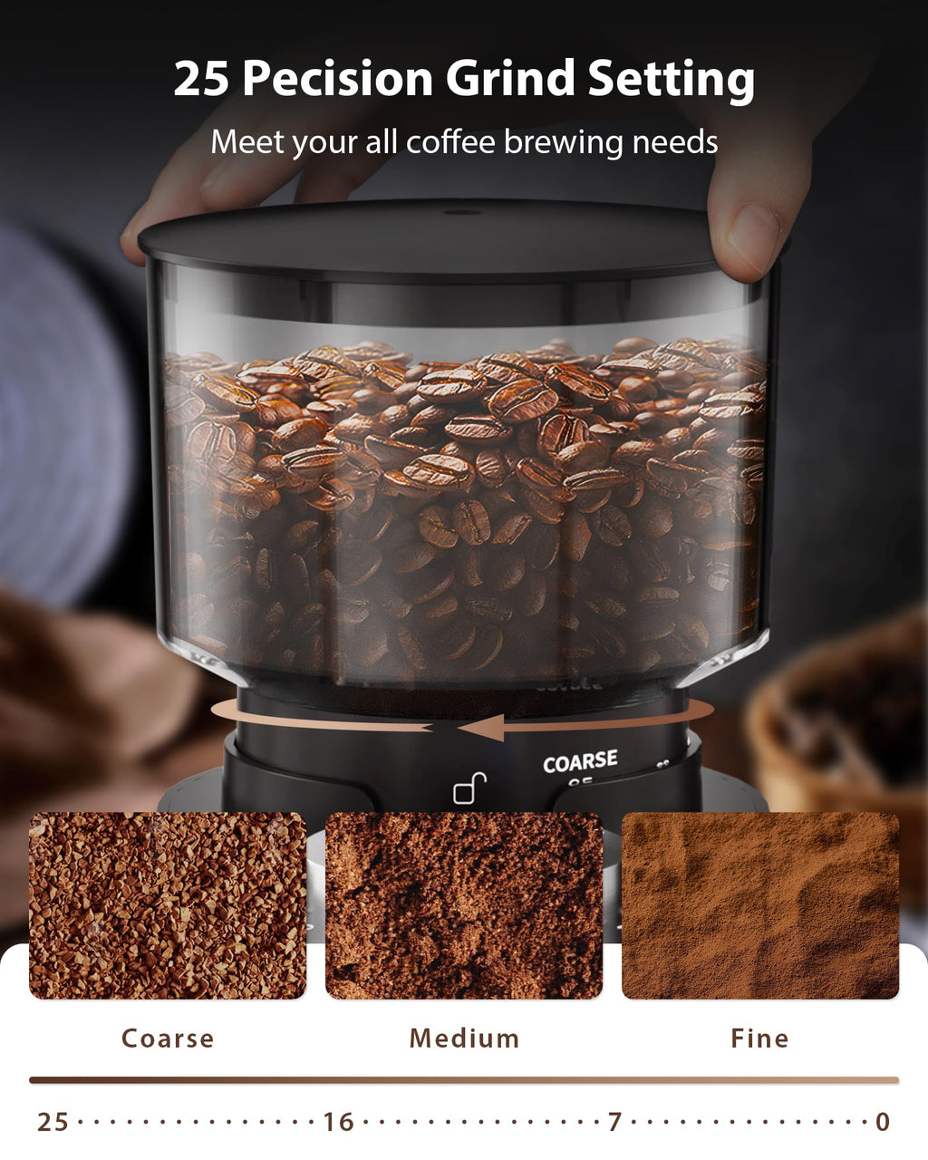Aromaster Burr Coffee Grinder, Electric Conical Coffee Bean Grinder for Home Use, with 25 Grind Settings,3-Ears Portafilter Holder, Anti-static Design, Adjustable 2-12 Cups Timer, Cleaning Brush