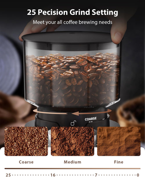 Aromaster Burr Coffee Grinder, Electric Conical Coffee Bean Grinder for Home Use, with 25 Grind Settings,3-Ears Portafilter Holder, Anti-static Design, Adjustable 2-12 Cups Timer, Cleaning Brush