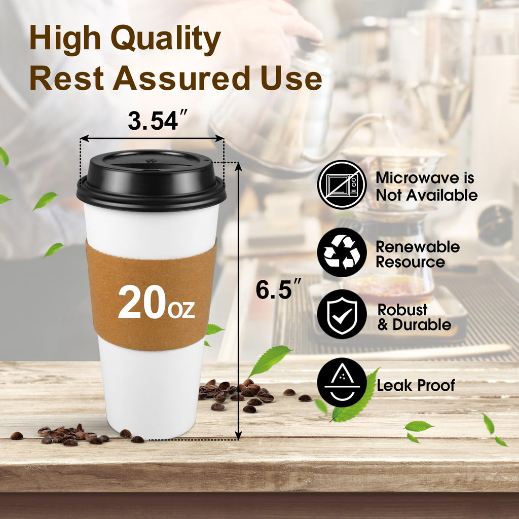 Ginkgo [100 Pack 16 oz Disposable Coffee Cups with Lids and Sleeves - To Go Coffee Cups for Hot Drinks, Chocolate, Cocoa and Coffee Bar