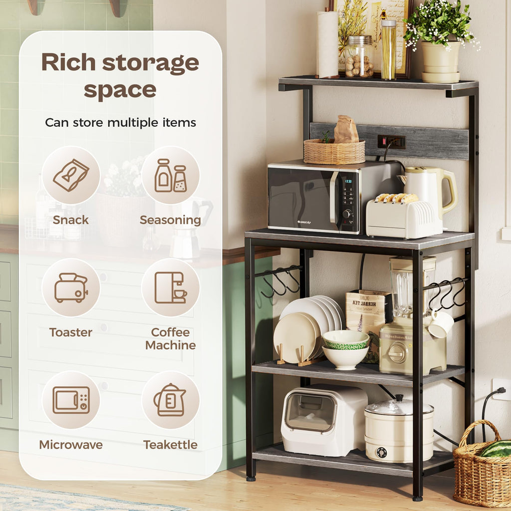 SUPERJARE Kitchen Bakers Rack with Power Outlet, Coffee Bar Table 4 Tiers, Kitchen Microwave Stand with 6 S-shaped Hooks, Storage Shelf Rack for Spices, Pots and Pans - Rustic Brown