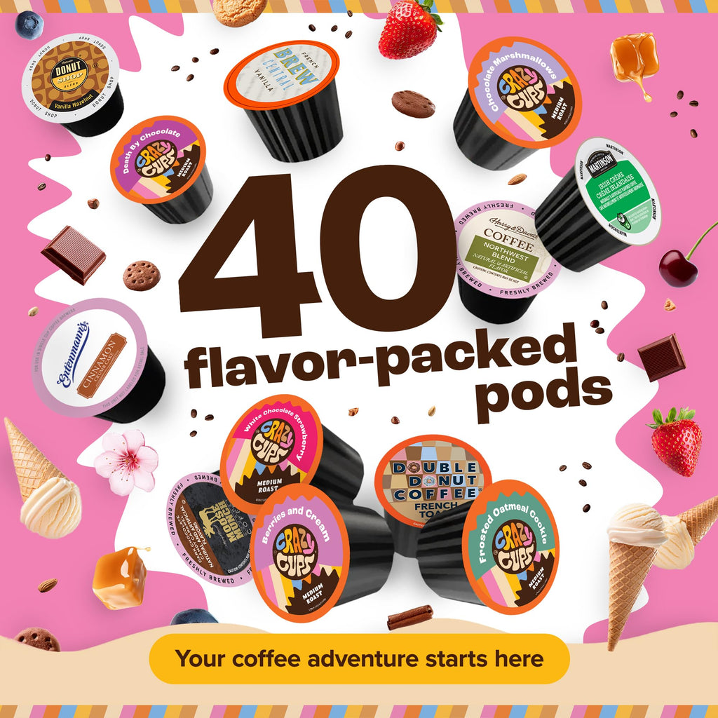 Crazy Cups Flavored Coffee Pods Variety Pack for Keurig K Cups Brewers, Assorted Flavored Coffee Sampler, 40 Count