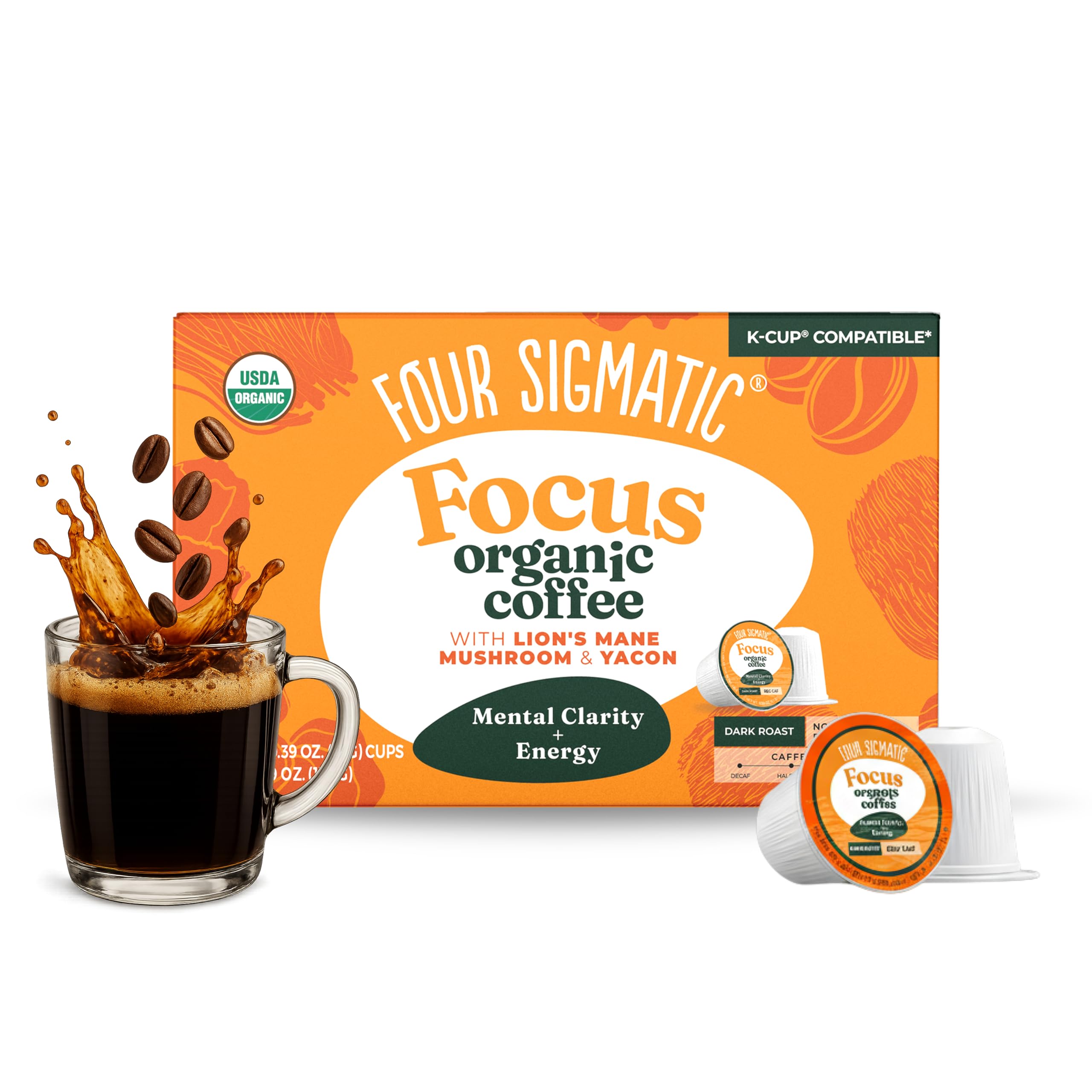 Four Sigmatic Mushroom Coffee K-Cups | Organic Dark Roast Coffee with Lion’s Mane Mushroom Powder & Yacon | Focus & Immune Support | Vegan & Keto | Sustainable Pods | 24 Count