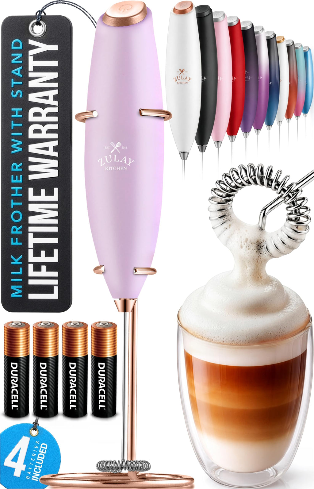 Zulay Kitchen Rechargeable Milk Frother Handheld - Frother Wand, Drink Mixer, Electric Whisk Frother, for Cappuccinos, Matcha & Protein Powder - Lux 4 Whisk 2 Speed Waterproof 2000mAh Alpha Black