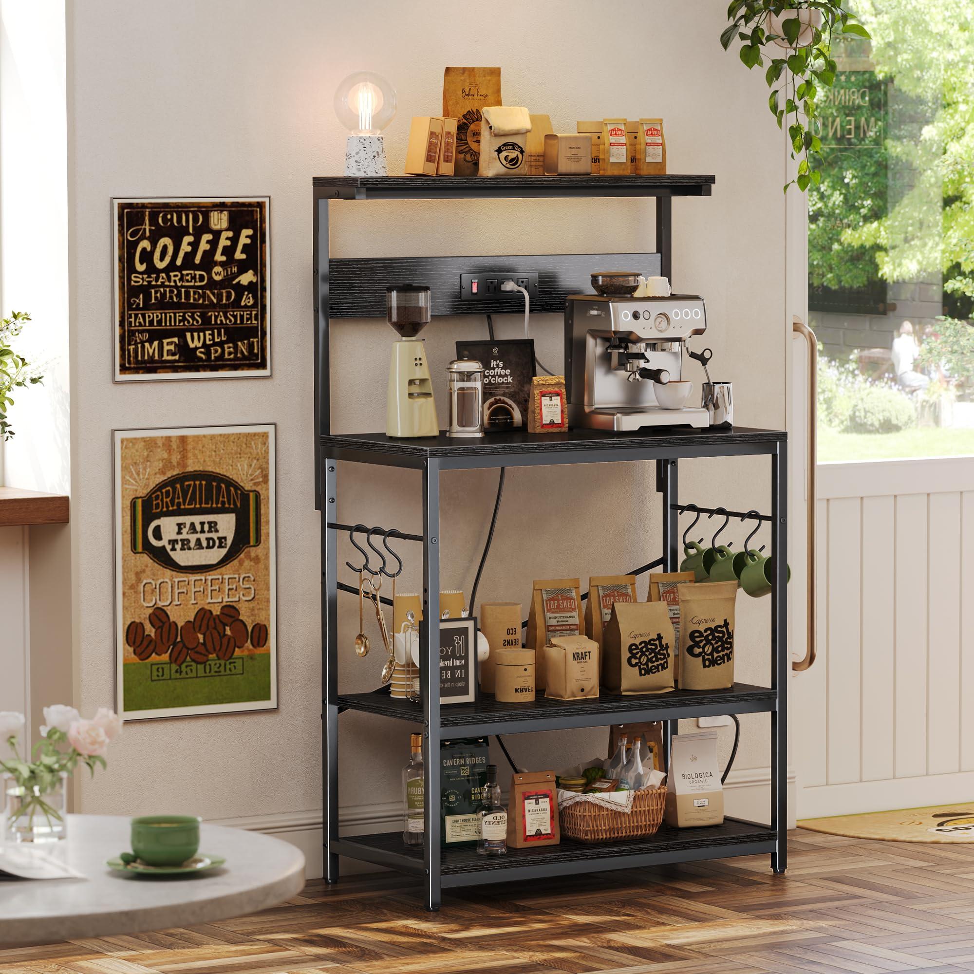 SUPERJARE Kitchen Bakers Rack with Power Outlet, Coffee Bar Table 4 Tiers, Kitchen Microwave Stand with 6 S-shaped Hooks, Storage Shelf Rack for Spices, Pots and Pans - Rustic Brown