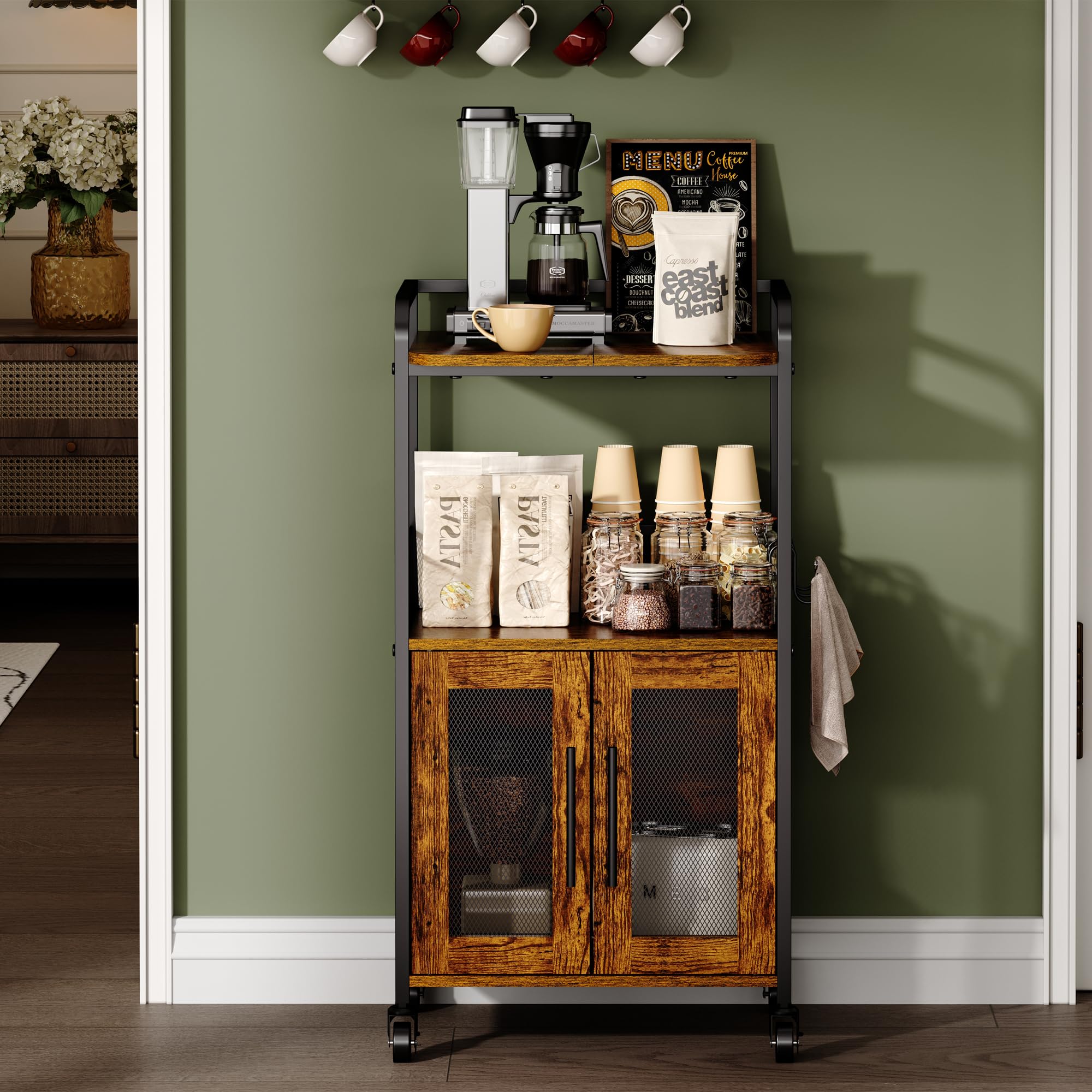 Hencawima Coffee Bar Cabinet, 3 Tier Coffee Station Table on Wheels, 35.9" H Bar Cart with Wire Basket Drawer & 5 Hooks for Home Kitchen, Liquor Buffet Sideboard Cabinet (Rustic Brown)