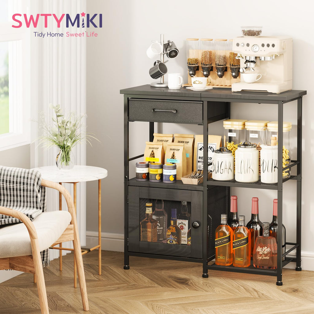SWTYMIKI Coffee Bar Cabinet for Home - Farmhouse Coffee Stand Station Multi-Purpose Buffet Sideboard Cabinet with Drawers - Kitchen Bar Table for Living Room, Corner, Small Space, Espresso