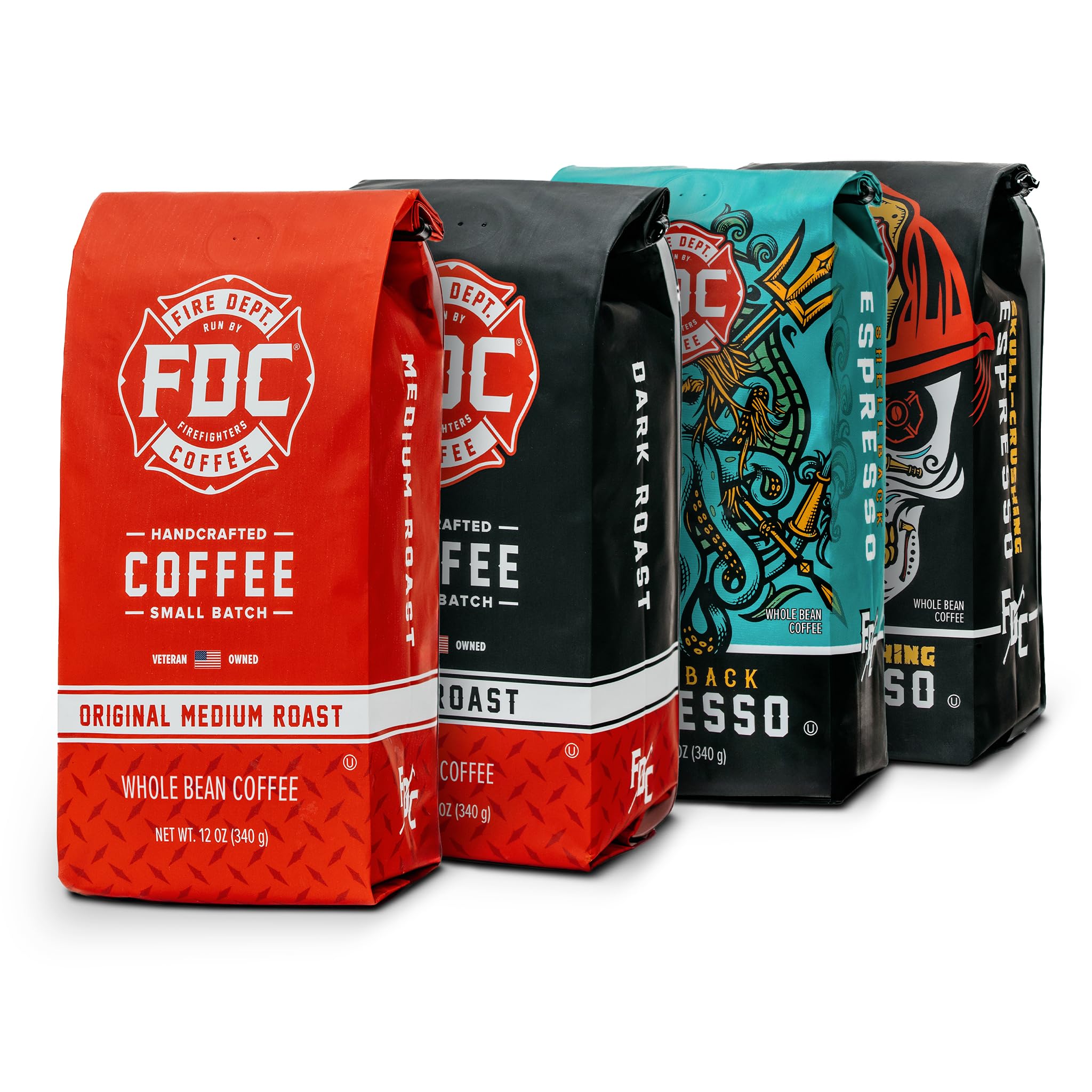 Fire Department Coffee - Gives Back to Firefighters - Rescue Variety Pack - Whole Bean Coffee - Medium, Dark, Shellback Espresso, & Skull Crushing Espresso Beans - Veteran Owned (12oz, Pack of 4)