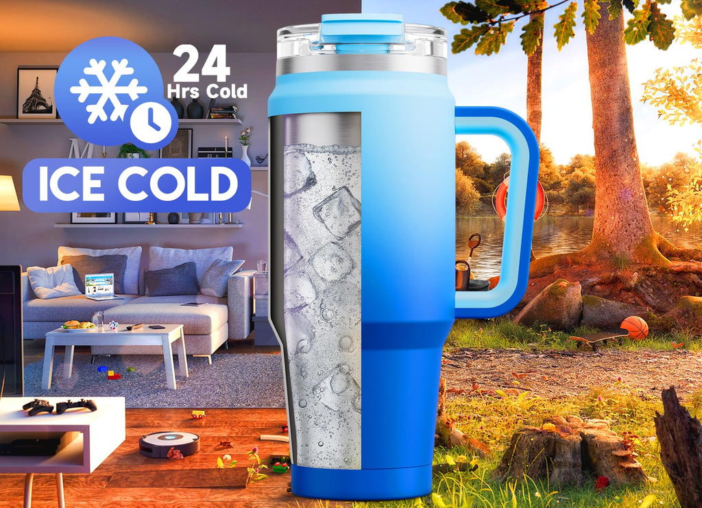 Meoky 32 oz Tumbler with Handle, Insulated Tumbler with Lid and Straw, Stainless Steel Travel Mug, Keeps Cold for 24 Hours, 100% Leak Proof, Fits in Car Cup Holder (Night)