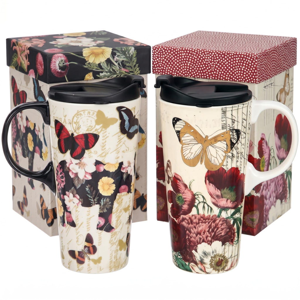 Topadorn 17oz Ceramic Travel Mug with Lid, Tall Ceramic Coffee Mug with Handle, Purple Floral Coffee Cup with Gift Box