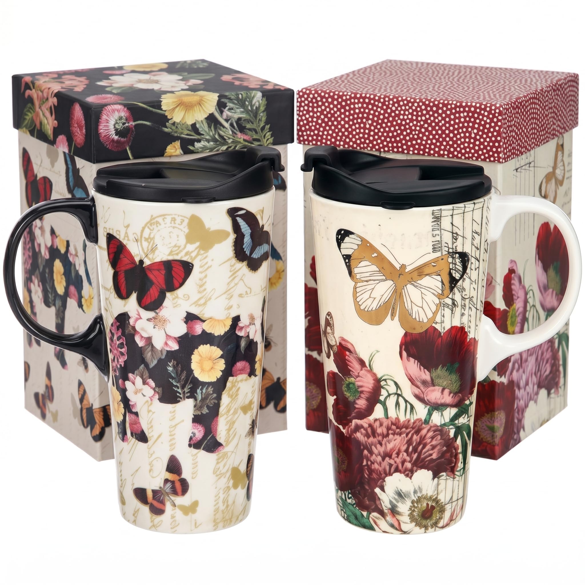 Topadorn 17oz Ceramic Travel Mug with Lid, Tall Ceramic Coffee Mug with Handle, Purple Floral Coffee Cup with Gift Box