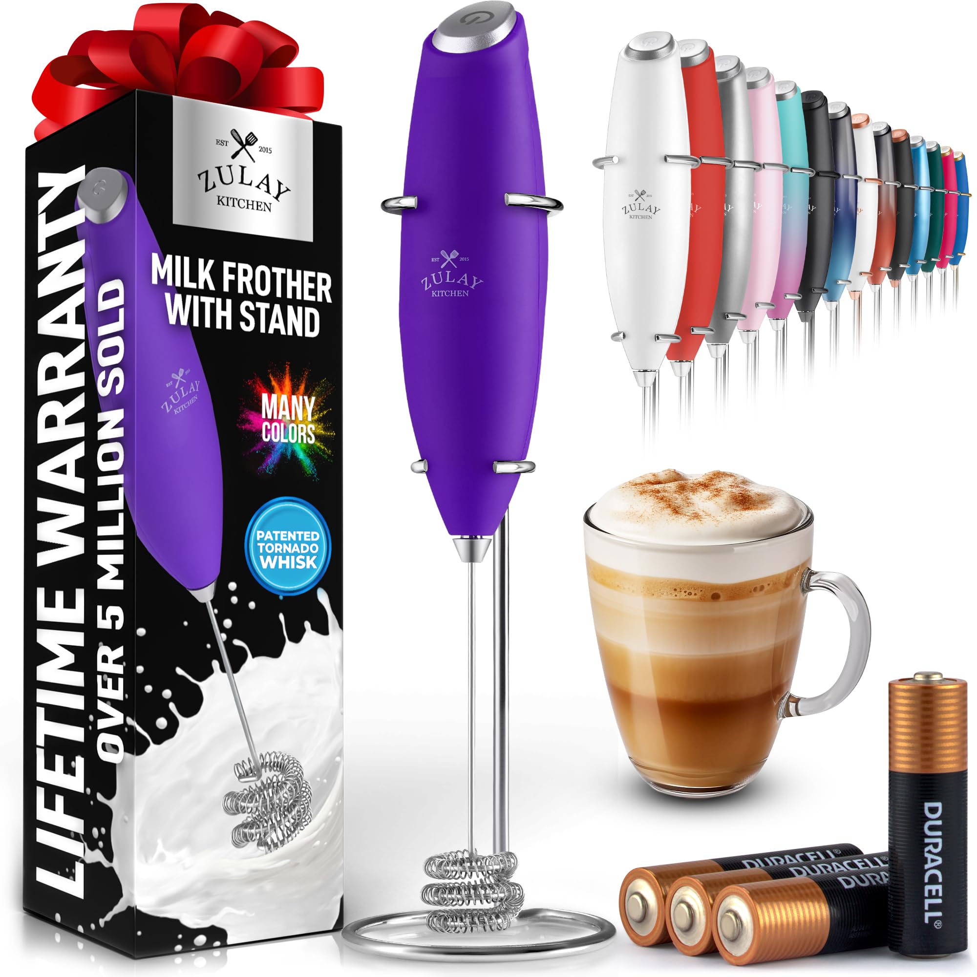 Zulay Kitchen Rechargeable Milk Frother Handheld - Frother Wand, Drink Mixer, Electric Whisk Frother, for Cappuccinos, Matcha & Protein Powder - Lux 4 Whisk 2 Speed Waterproof 2000mAh Alpha Black