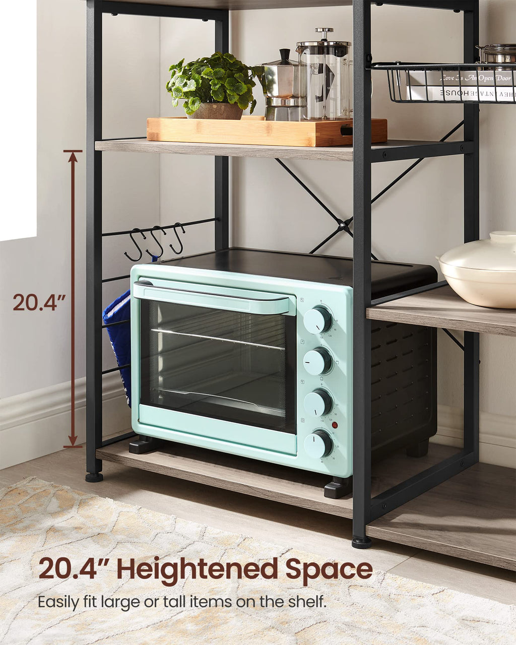 VASAGLE Baker's Rack, Coffee Bar Stand with Charging Station, 35.6 Inches Tall, Storage Shelves, Pull-Out Wire Basket, Table for Microwave, Kitchen, Rustic Brown and Ink Black UKKS036K01