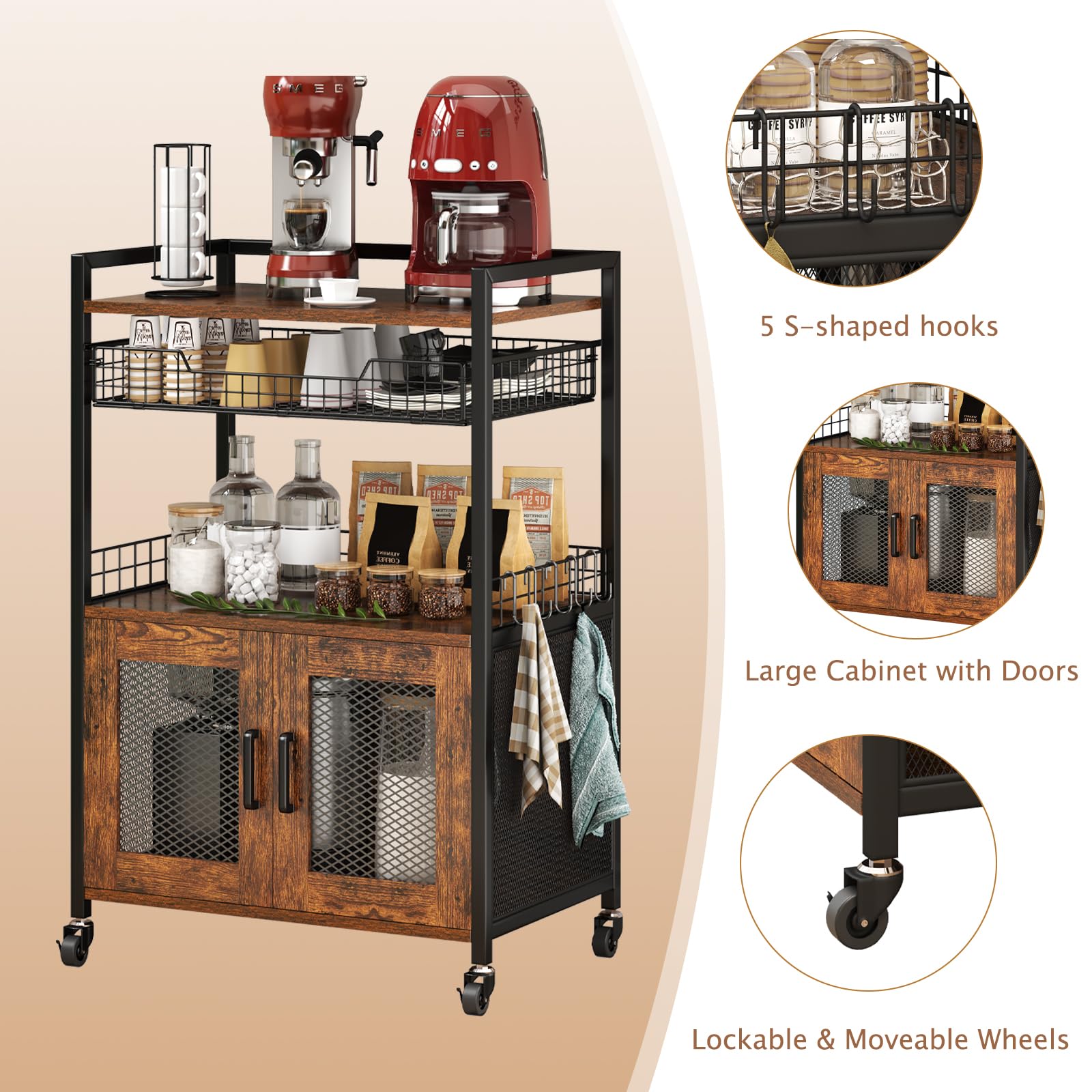 Hencawima Coffee Bar Cabinet, 3 Tier Coffee Station Table on Wheels, 35.9" H Bar Cart with Wire Basket Drawer & 5 Hooks for Home Kitchen, Liquor Buffet Sideboard Cabinet (Rustic Brown)