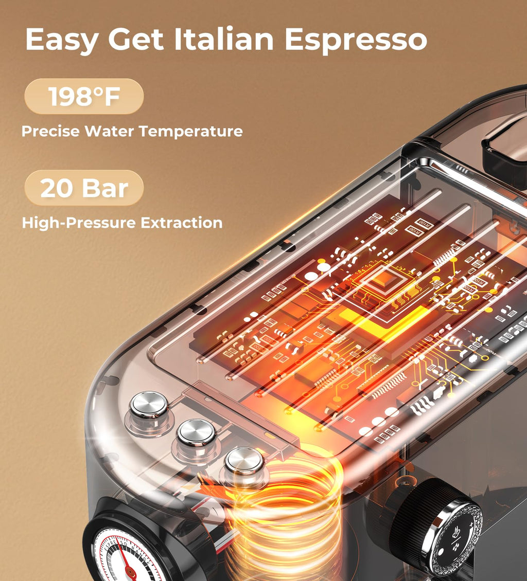 atatix Espresso Machine with Milk Frother, 20 Bar Pressure Espresso Maker, with 44OZ Removable Tank, Compact Stainless Steel Coffee Machine for Home, Office, Latte, Cappuccino, Macchiato, Silver