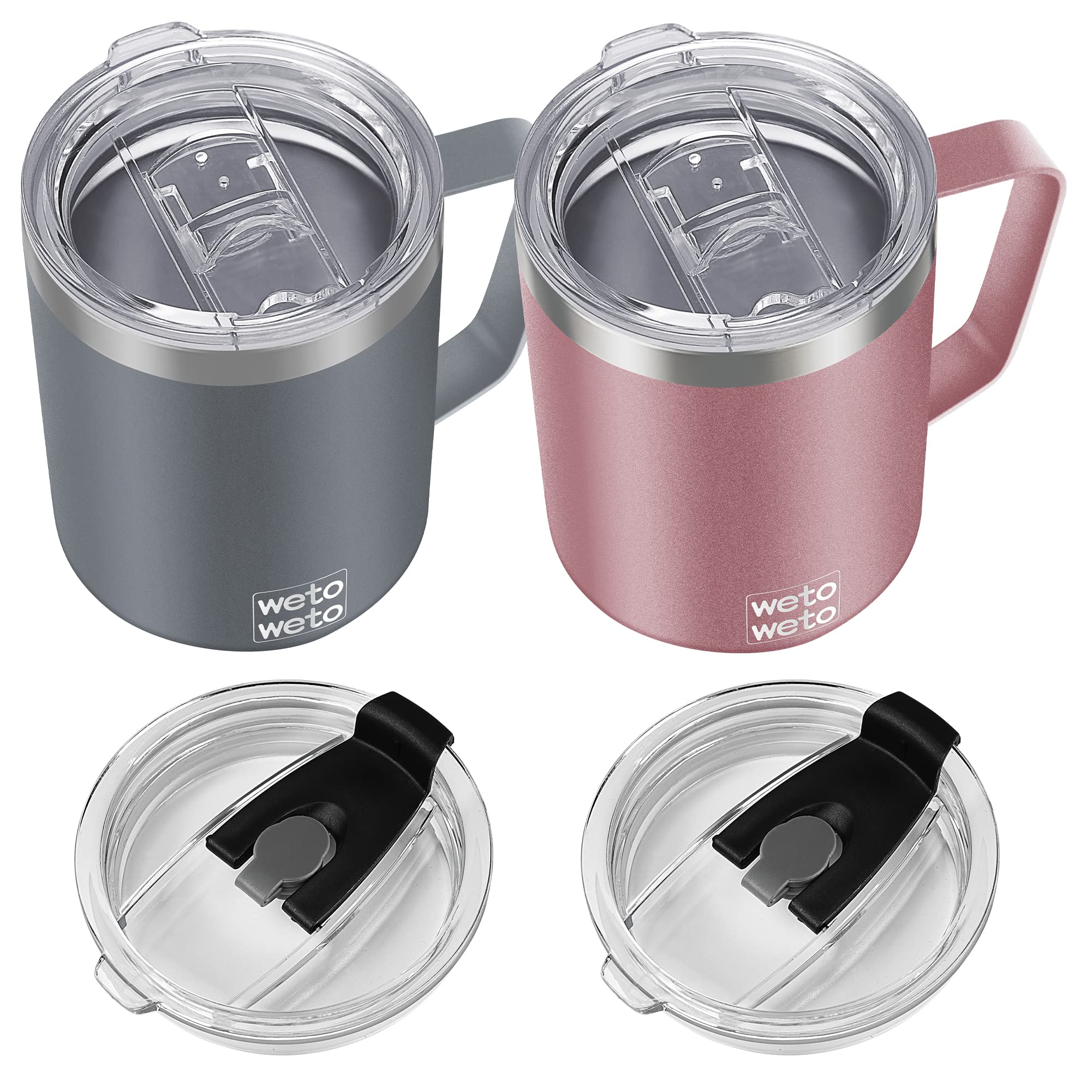 WETOWETO Coffee Mug with Handle, 14oz Insulated Stainless Steel Coffee Travel Mug, Double Wall Vacuum Reusable Coffee Cup with Lid, Powder Coated Rose Gold