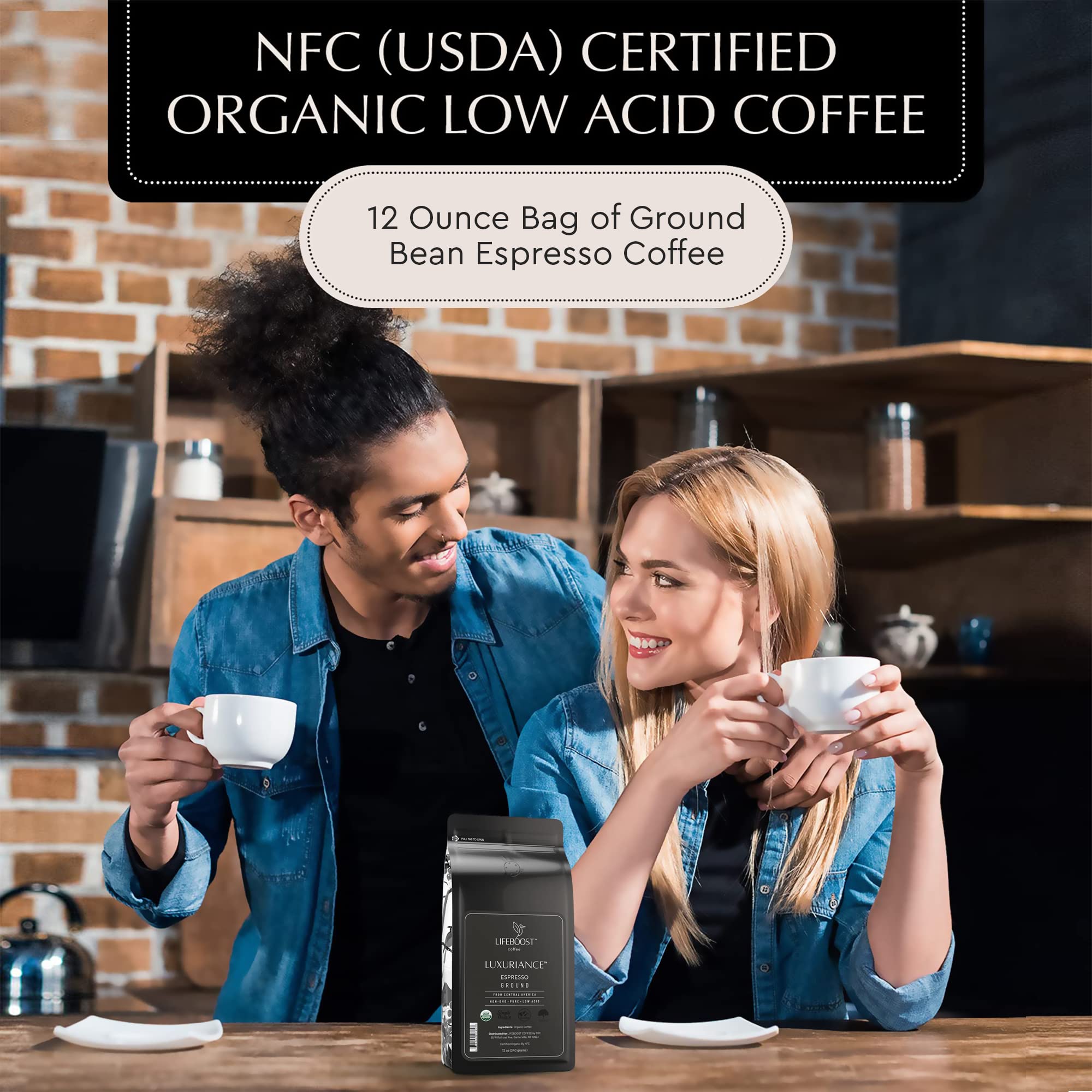 Lifeboost Organic Espresso Ground Coffee - Non-GMO Low Acid Single Origin USDA Shade Grown Organic Espresso Coffee - Third Party Tested For Mycotoxins & Pesticides 12oz Bag