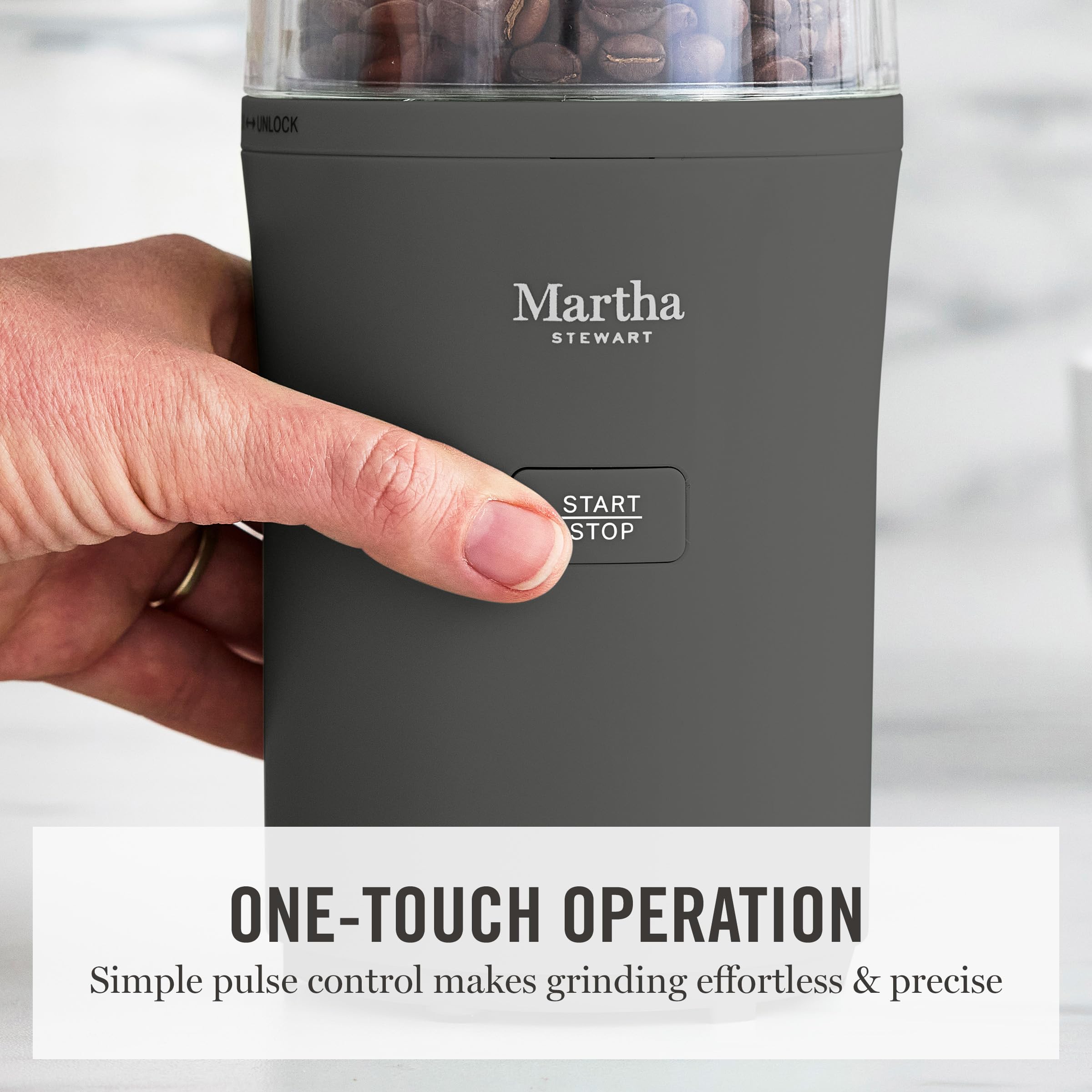 Martha Stewart Electric Coffee & Spice Grinder, Dual 2.5oz Removable Bowls, Storage Lids, Stainless Steel Blades, One Touch Pulse Control, 2-in-1 Compact, Beans & Spices, Herbs & Nuts, Honeydew Green