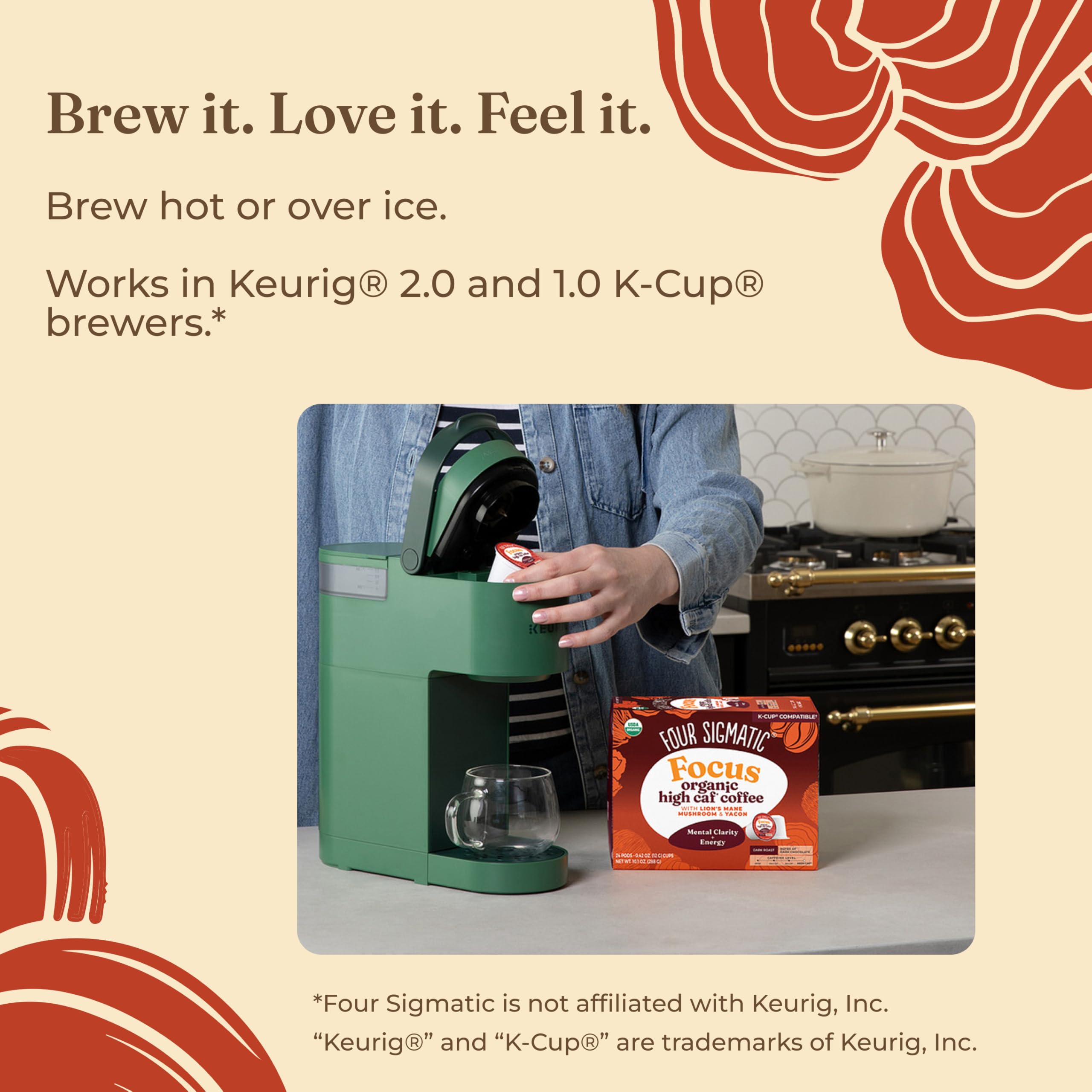 Four Sigmatic Mushroom Coffee K-Cups | Organic Dark Roast Coffee with Lion’s Mane Mushroom Powder & Yacon | Focus & Immune Support | Vegan & Keto | Sustainable Pods | 24 Count