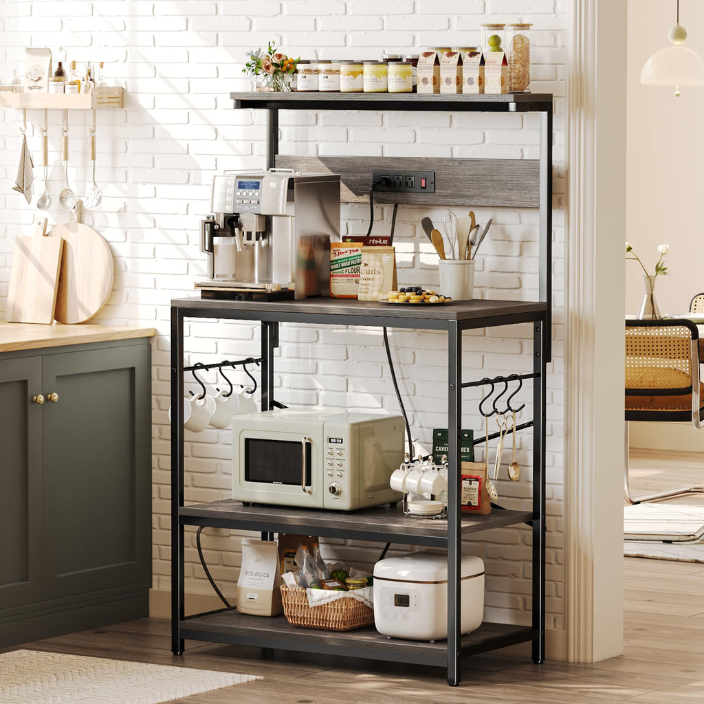 SUPERJARE Kitchen Bakers Rack with Power Outlet, Coffee Bar Table 4 Tiers, Kitchen Microwave Stand with 6 S-shaped Hooks, Storage Shelf Rack for Spices, Pots and Pans - Rustic Brown