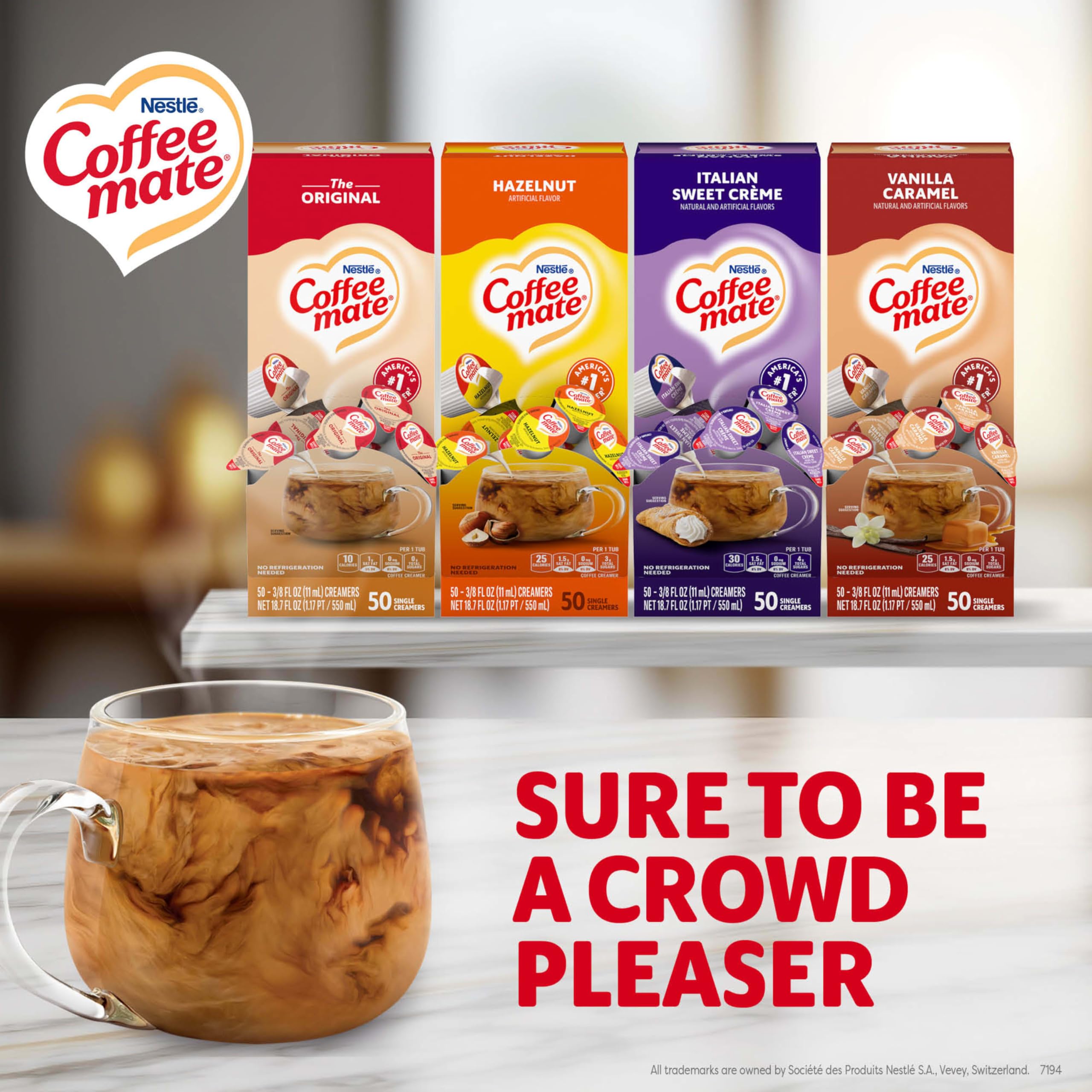 Nestle Coffee mate Creamer Singles Variety Pack, Italian Sweet Creme, Salted Caramel Chocolate, Vanilla Caramel Non Dairy, No Refrigeration, 0.375 fl oz Tubs, 150 Count (Pack of 50 Per Flavor)