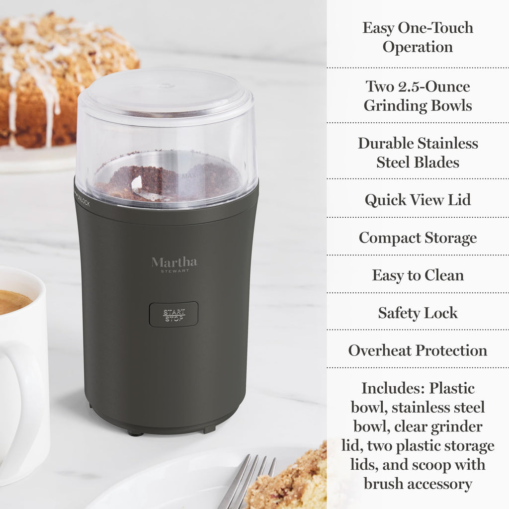 Martha Stewart Electric Coffee & Spice Grinder, Dual 2.5oz Removable Bowls, Storage Lids, Stainless Steel Blades, One Touch Pulse Control, 2-in-1 Compact, Beans & Spices, Herbs & Nuts, Honeydew Green