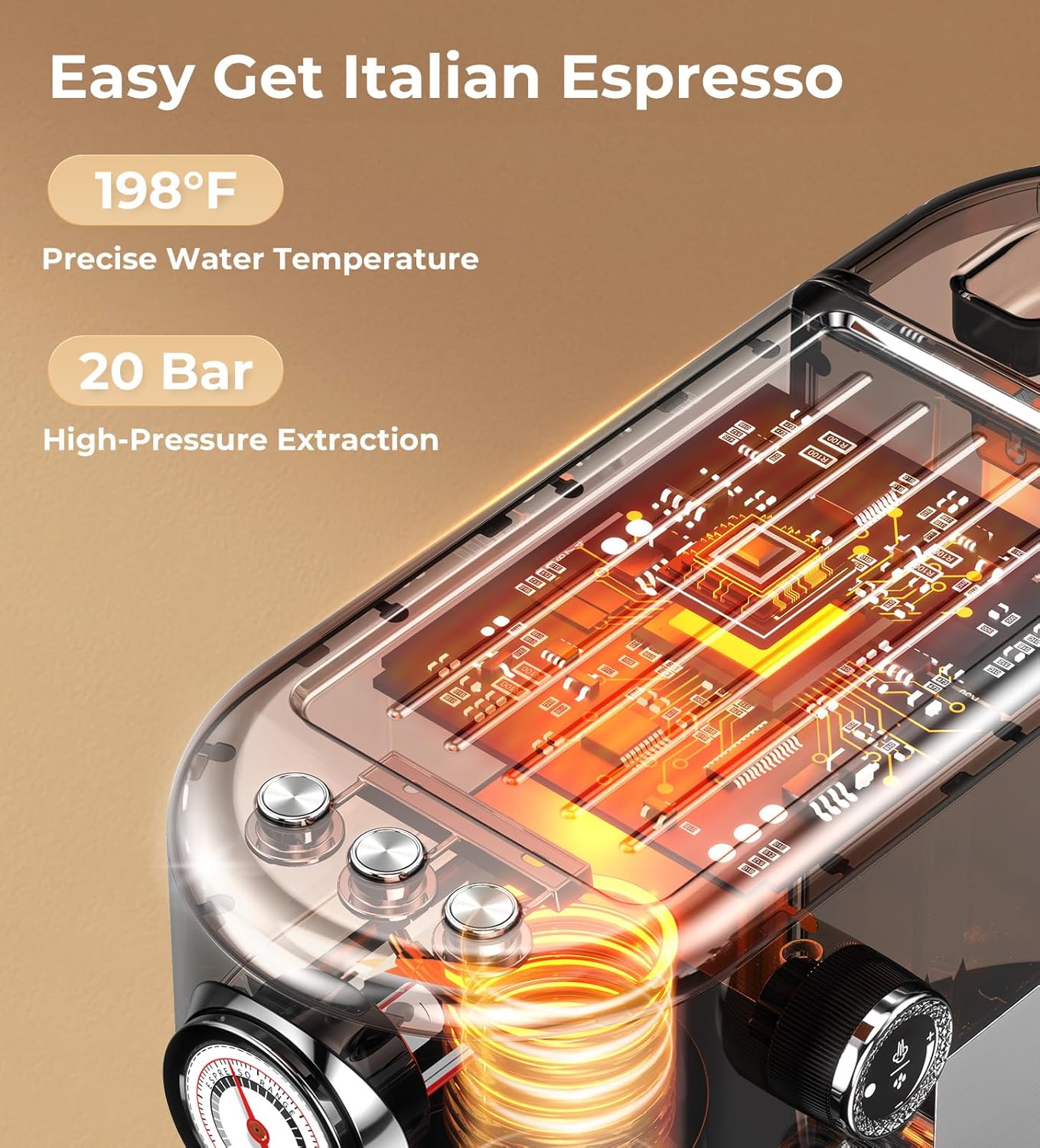 Espresso Machine with Milk Frother, 20 Bar Pressure Espresso Maker, with 44OZ Removable Tank, Compact Stainless Steel Coffee Machine for Home, Office, Latte, Cappuccino, Gift for Women or Men