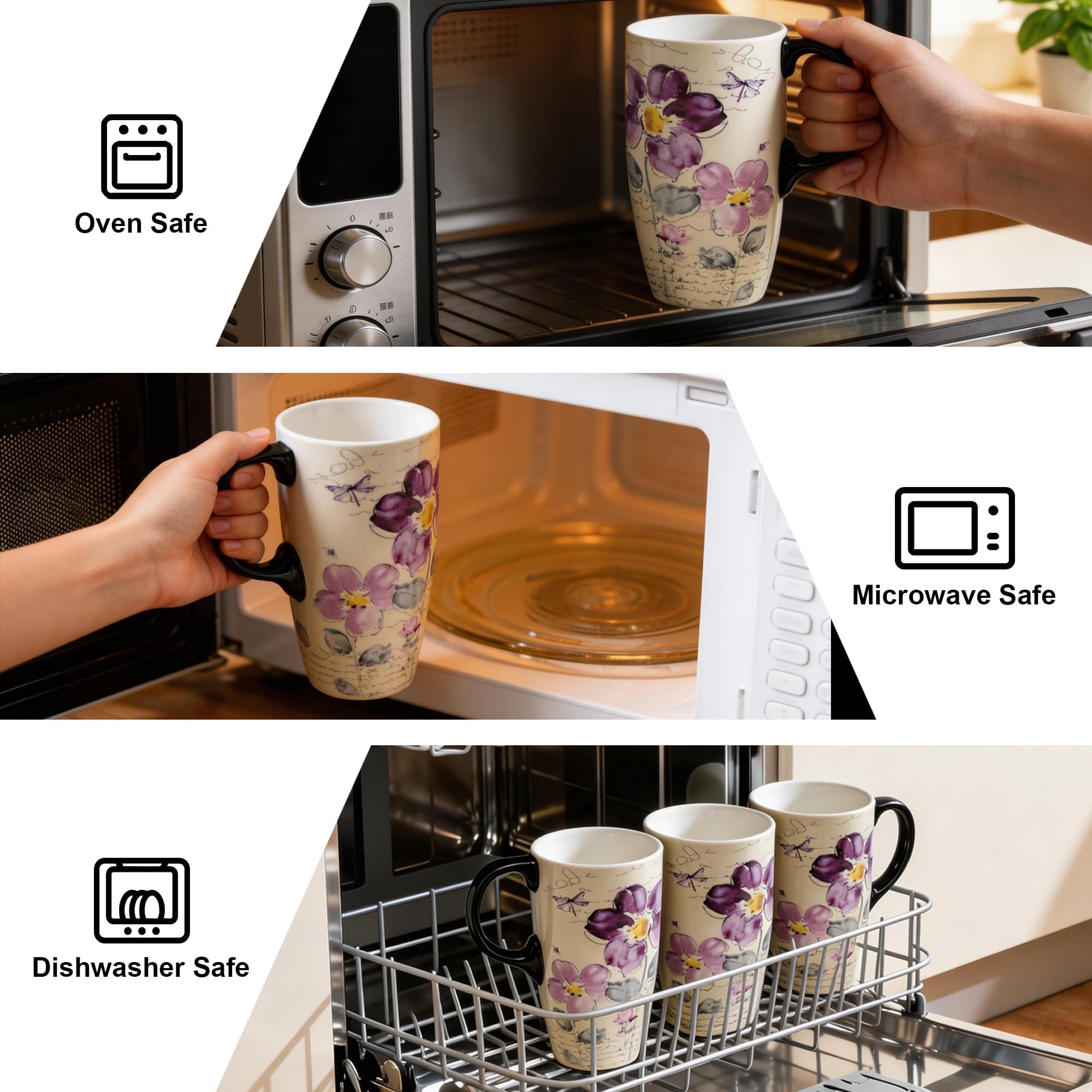 Topadorn 17oz Ceramic Travel Mug with Lid, Tall Ceramic Coffee Mug with Handle, Purple Floral Coffee Cup with Gift Box