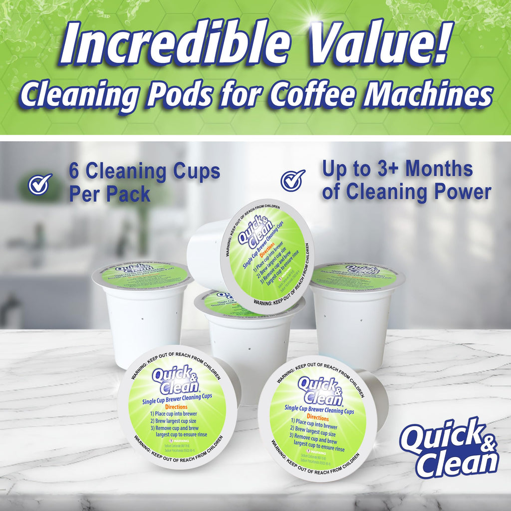 Quick & Clean [6-Pack] Keurig Cleaning Pods - K Cup Cleaner Pod For Keurig - 2.0 Coffee Machine Compatible, Removes Stains, Non-Toxic and Eco-Friendly