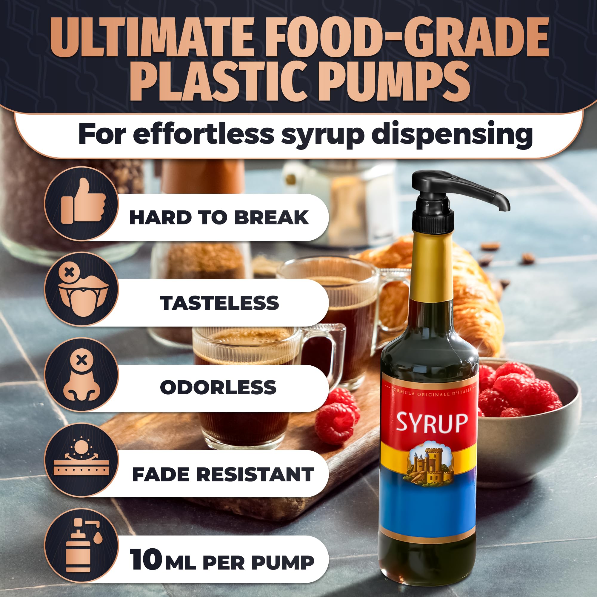 4 Pcs Coffee Syrup Pump Dispenser - Works as Skinny and Torani Syrup Pump - Fits Various 25.4 oz Bottles, Precise Dispensing 0.3oz & Lockable Design, Easy to Use & Clean, Ideal for Liquids