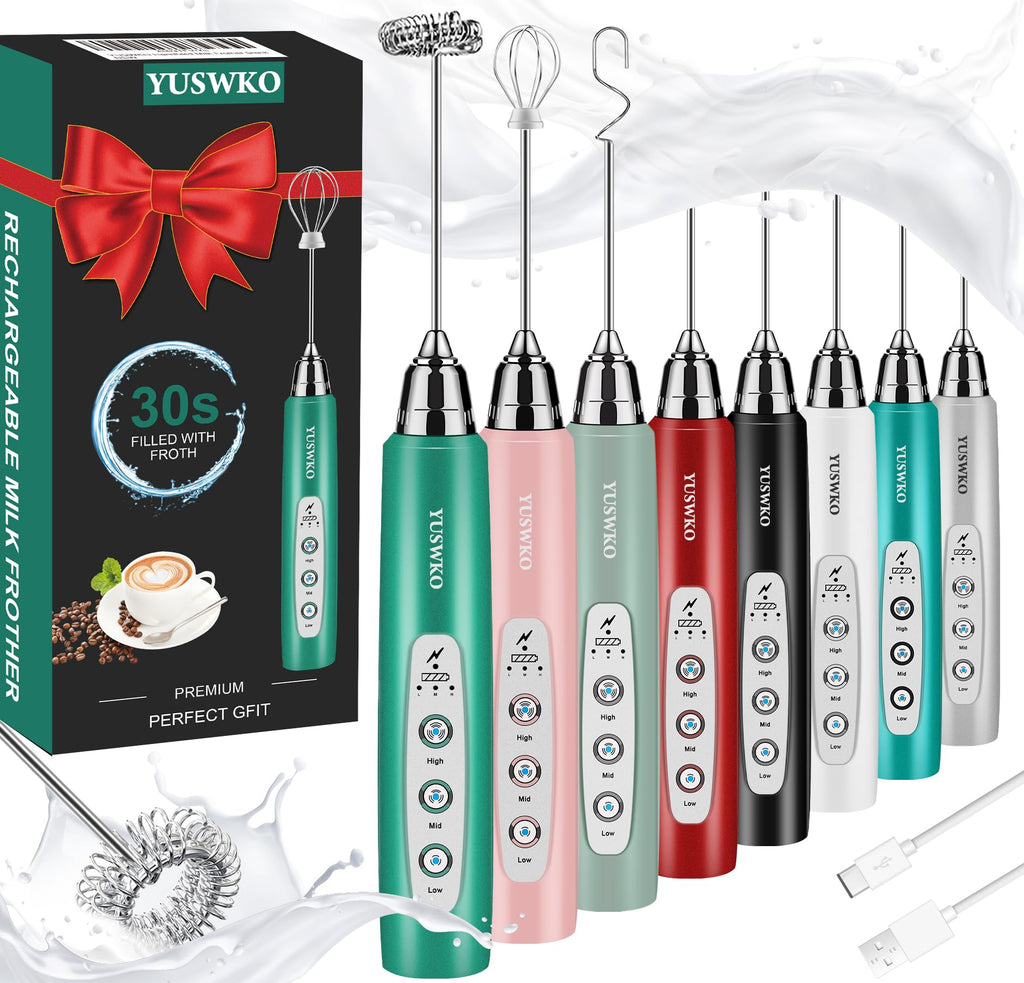 YUSWKO Black Handheld Milk Frother Wand for Coffee, Rechargeable Electric Whisk with 3 Heads 3 Speeds Drink Mixer Coffee Frother For Latte, Cappuccino, Hot Chocolate, Egg