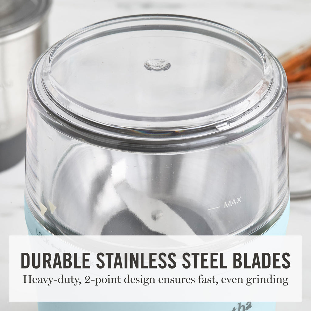 Martha Stewart Electric Coffee & Spice Grinder, Dual 2.5oz Removable Bowls, Storage Lids, Stainless Steel Blades, One Touch Pulse Control, 2-in-1 Compact, Beans & Spices, Herbs & Nuts, Honeydew Green