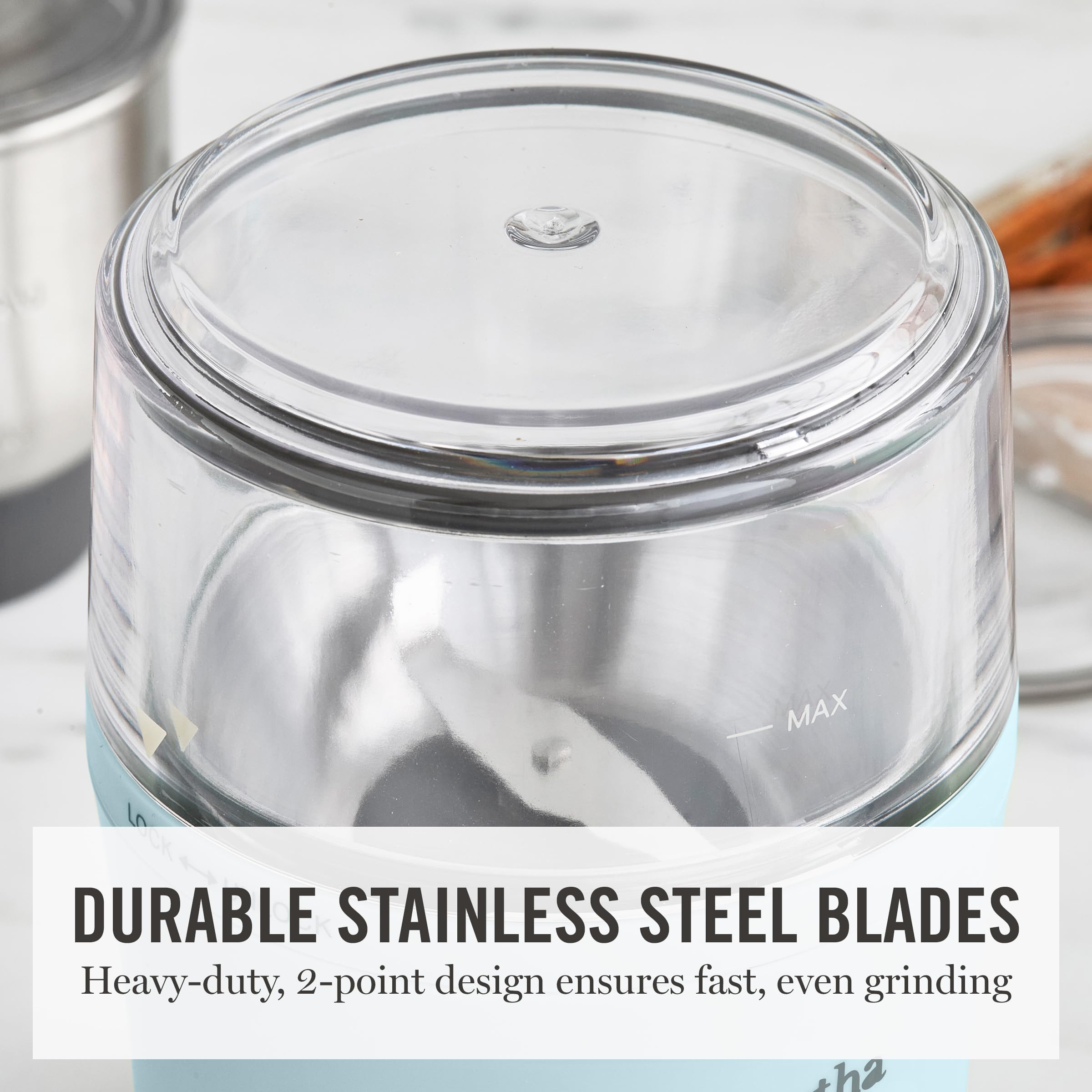 Martha Stewart Electric Coffee & Spice Grinder, Dual 2.5oz Removable Bowls, Storage Lids, Stainless Steel Blades, One Touch Pulse Control, 2-in-1 Compact, Beans & Spices, Herbs & Nuts, Honeydew Green
