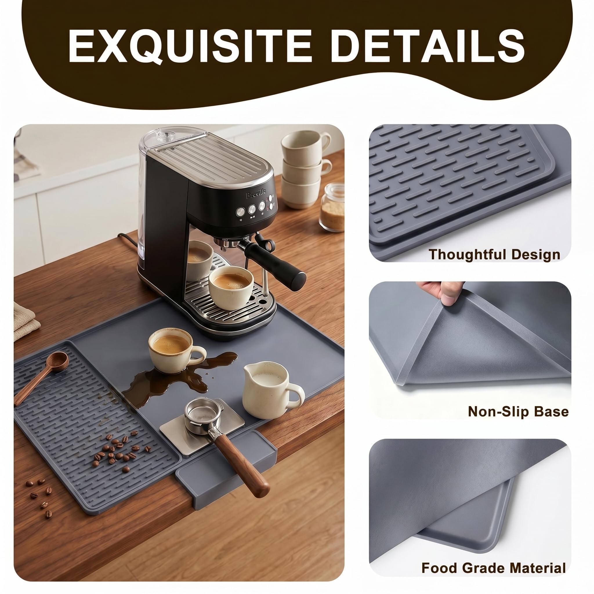 Caketime 2 In 1 Silicone Coffee Bar Mat Accessories Detachable Dish Drying Rug Rack Stone for Kitchen Counter Home Household Apartment Office Essentials Barista Espresso Machine Drainer Must Have