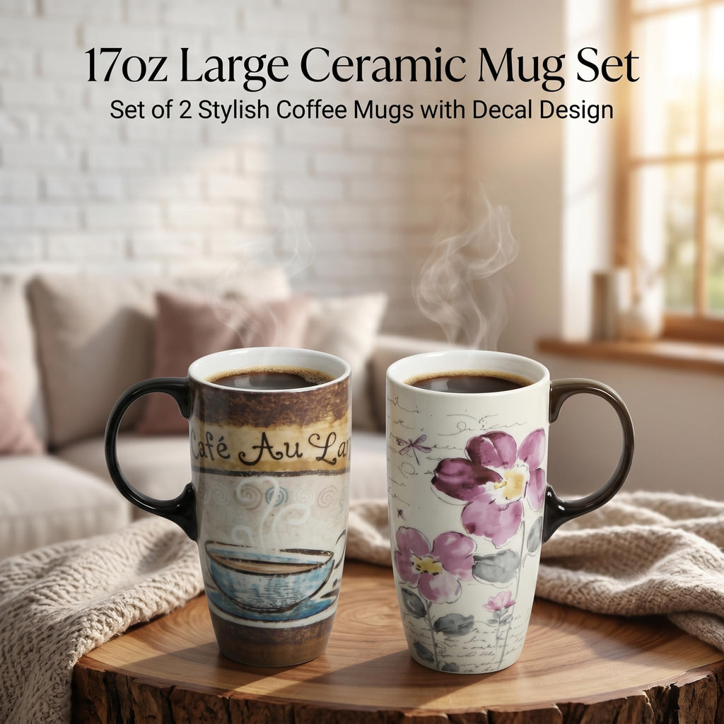 Topadorn 17oz Ceramic Travel Mug with Lid, Tall Ceramic Coffee Mug with Handle, Purple Floral Coffee Cup with Gift Box