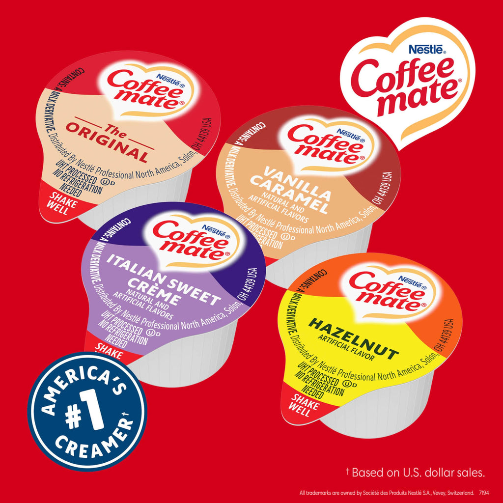 Nestle Coffee mate Creamer Singles Variety Pack, Italian Sweet Creme, Salted Caramel Chocolate, Vanilla Caramel Non Dairy, No Refrigeration, 0.375 fl oz Tubs, 150 Count (Pack of 50 Per Flavor)