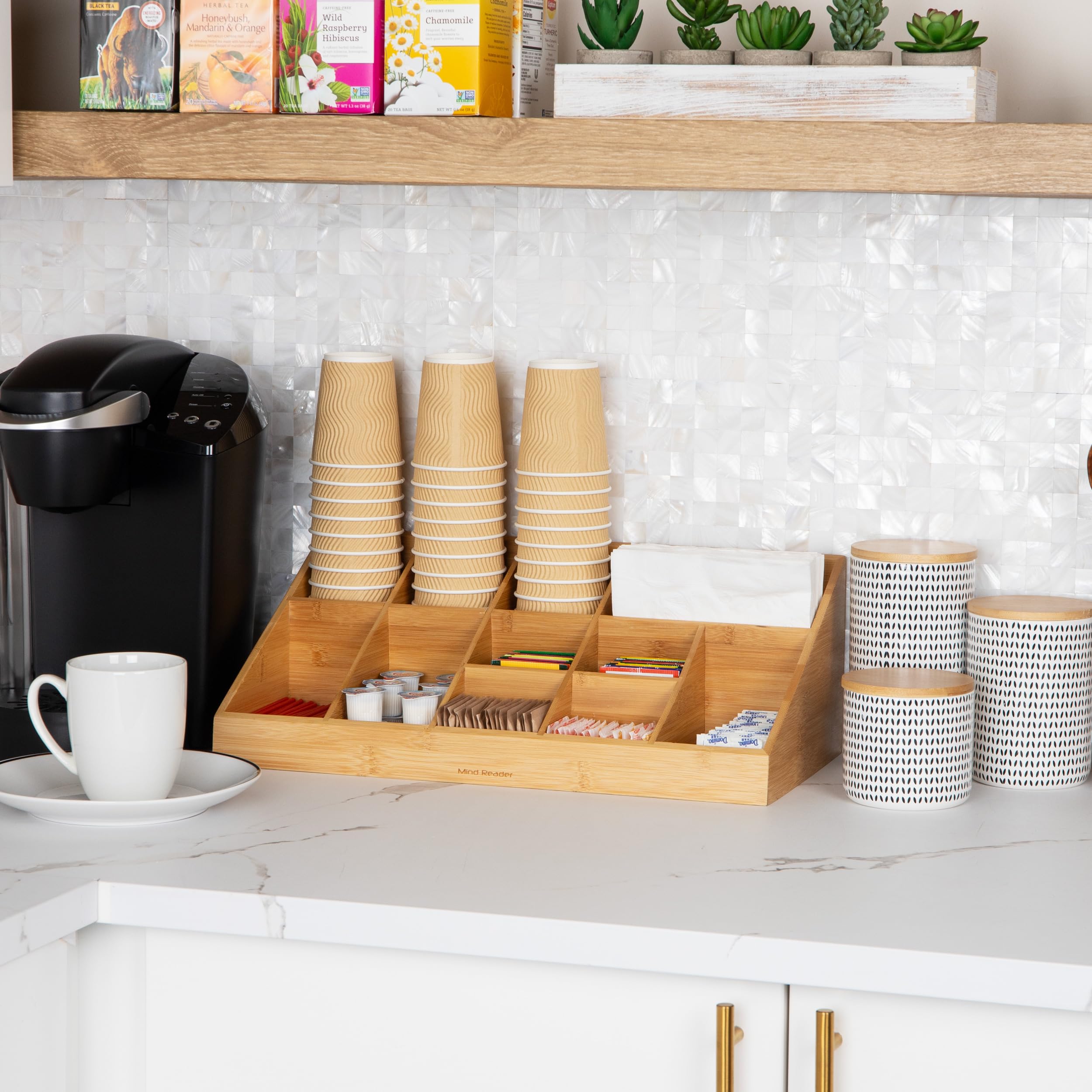 Mind Reader Cup and Condiment Station, Countertop Organizer, Coffee Bar, Kitchen, Stirrers, 17.875"L x 9.5"W x 6.625"H, Black