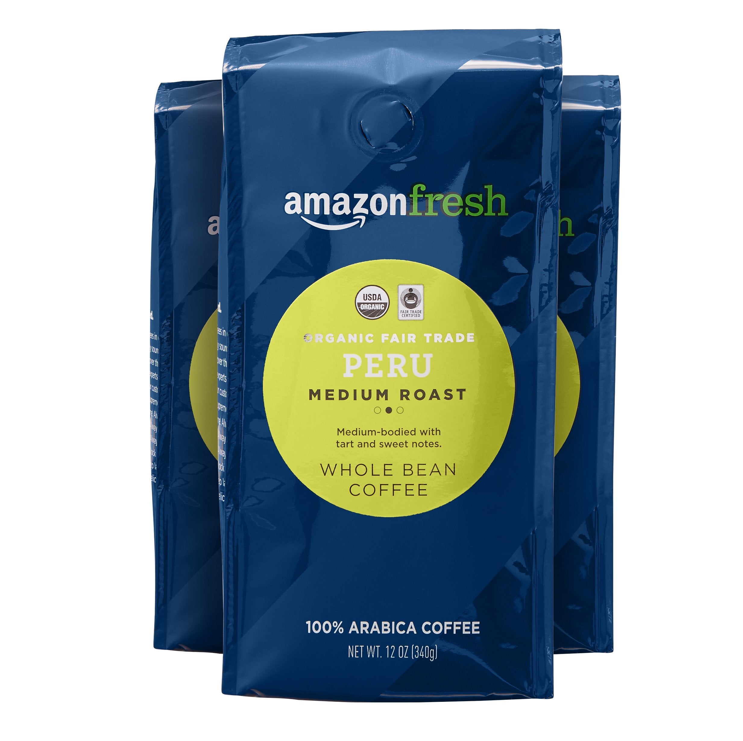 Amazon Fresh, Organic Fair Trade Peru Whole Bean Coffee, Medium Roast, 12 Oz