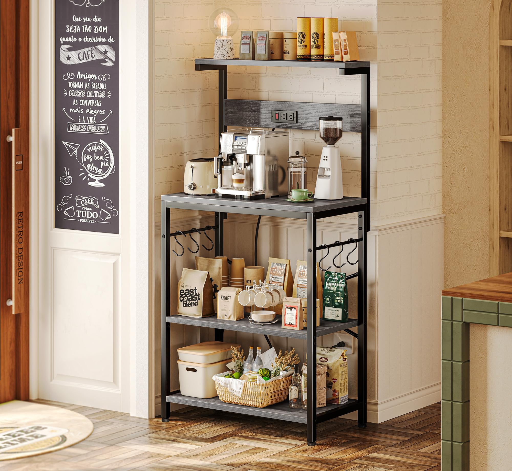 SUPERJARE Kitchen Bakers Rack with Power Outlet, Coffee Bar Table 4 Tiers, Kitchen Microwave Stand with 6 S-shaped Hooks, Storage Shelf Rack for Spices, Pots and Pans - Rustic Brown