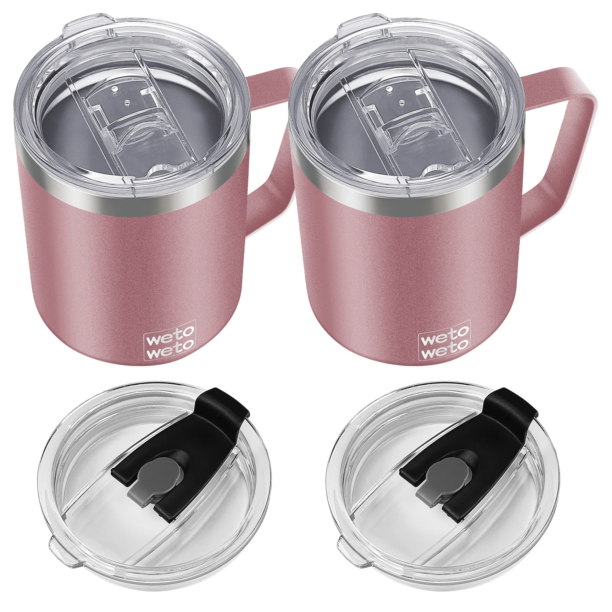 WETOWETO Coffee Mug with Handle, 14oz Insulated Stainless Steel Coffee Travel Mug, Double Wall Vacuum Reusable Coffee Cup with Lid, Powder Coated Rose Gold