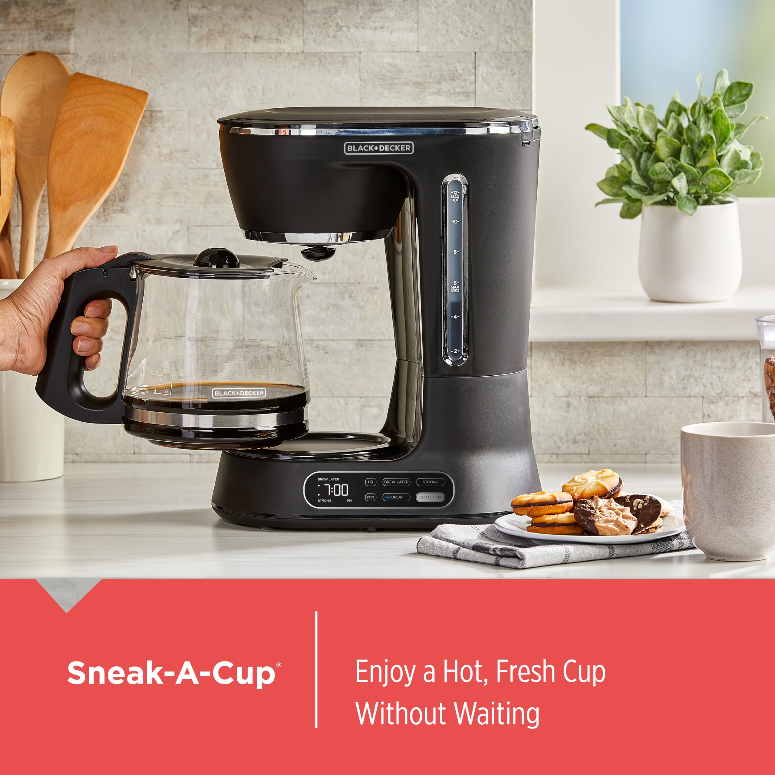 BLACK+DECKER 12-Cup Digital Coffee Maker, Programmable, Washable Basket Filter, Sneak-A-Cup, Auto Brew, Water Window, Keep Hot Plate, Black