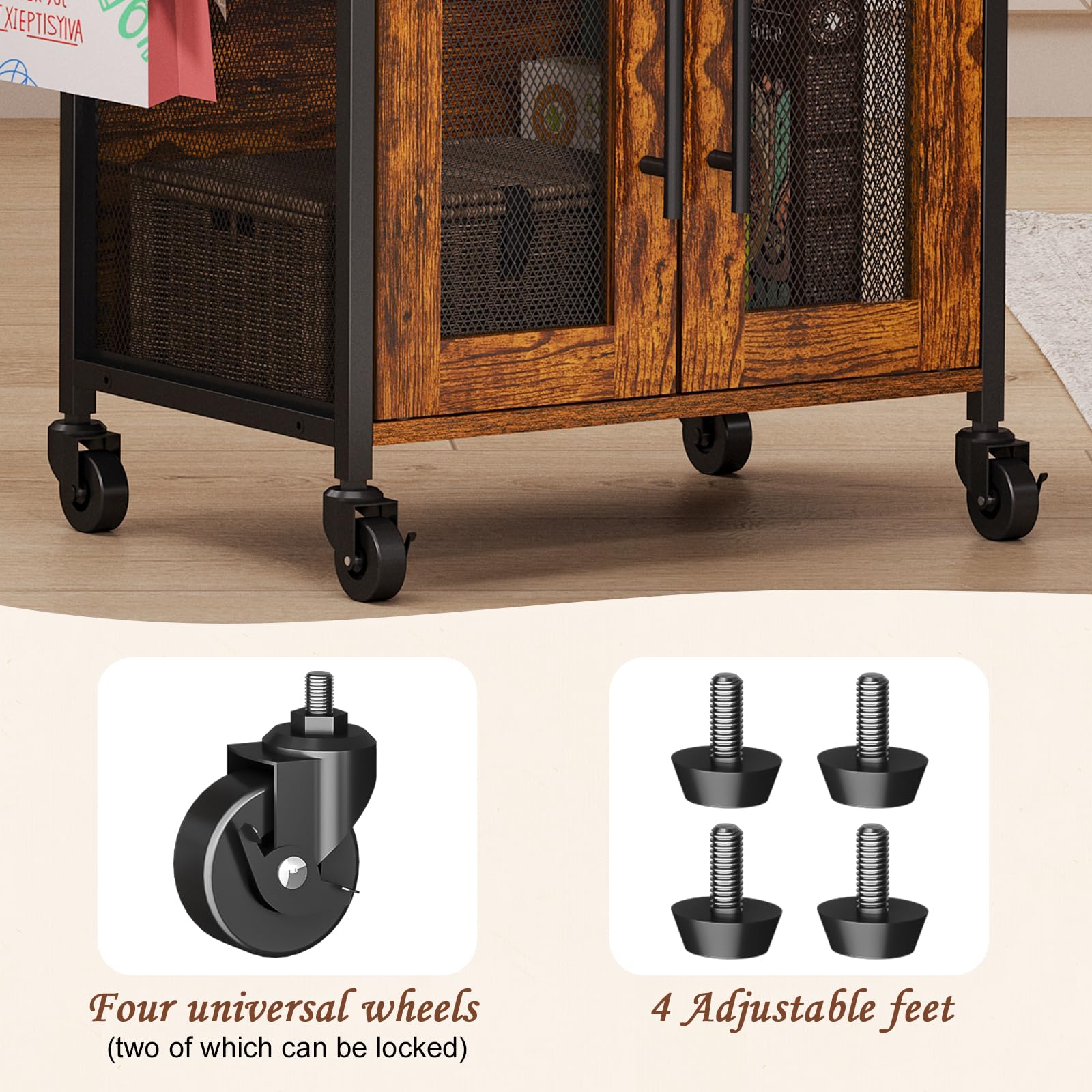 Hencawima Coffee Bar Cabinet, 3 Tier Coffee Station Table on Wheels, 35.9" H Bar Cart with Wire Basket Drawer & 5 Hooks for Home Kitchen, Liquor Buffet Sideboard Cabinet (Rustic Brown)
