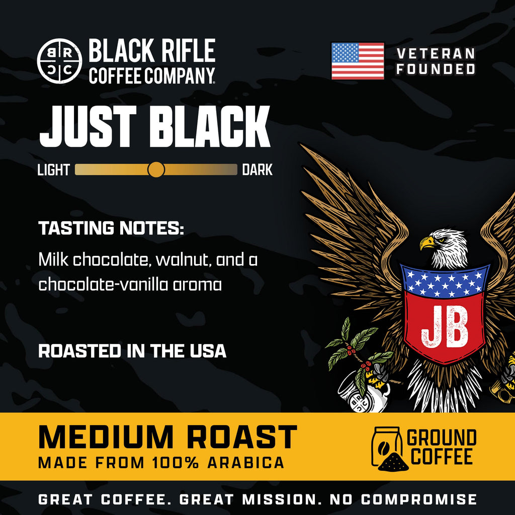 Black Rifle Coffee Company Just Black, 18oz Bag, Ground Coffee Medium Roast - Roasted Blend Made from Arabica Beans - Colombian & Brazilian Beans - Veteran Founded & American Made
