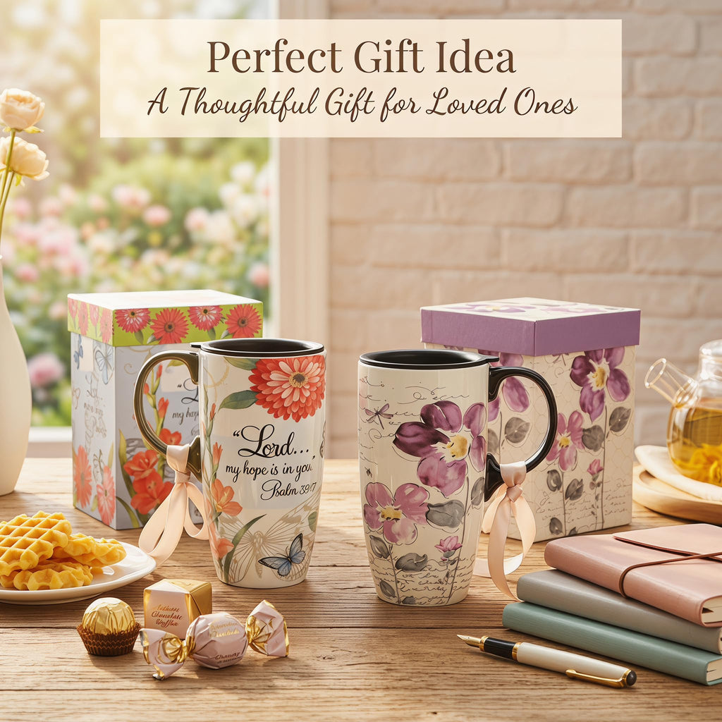 Topadorn 17oz Ceramic Travel Mug with Lid, Tall Ceramic Coffee Mug with Handle, Purple Floral Coffee Cup with Gift Box